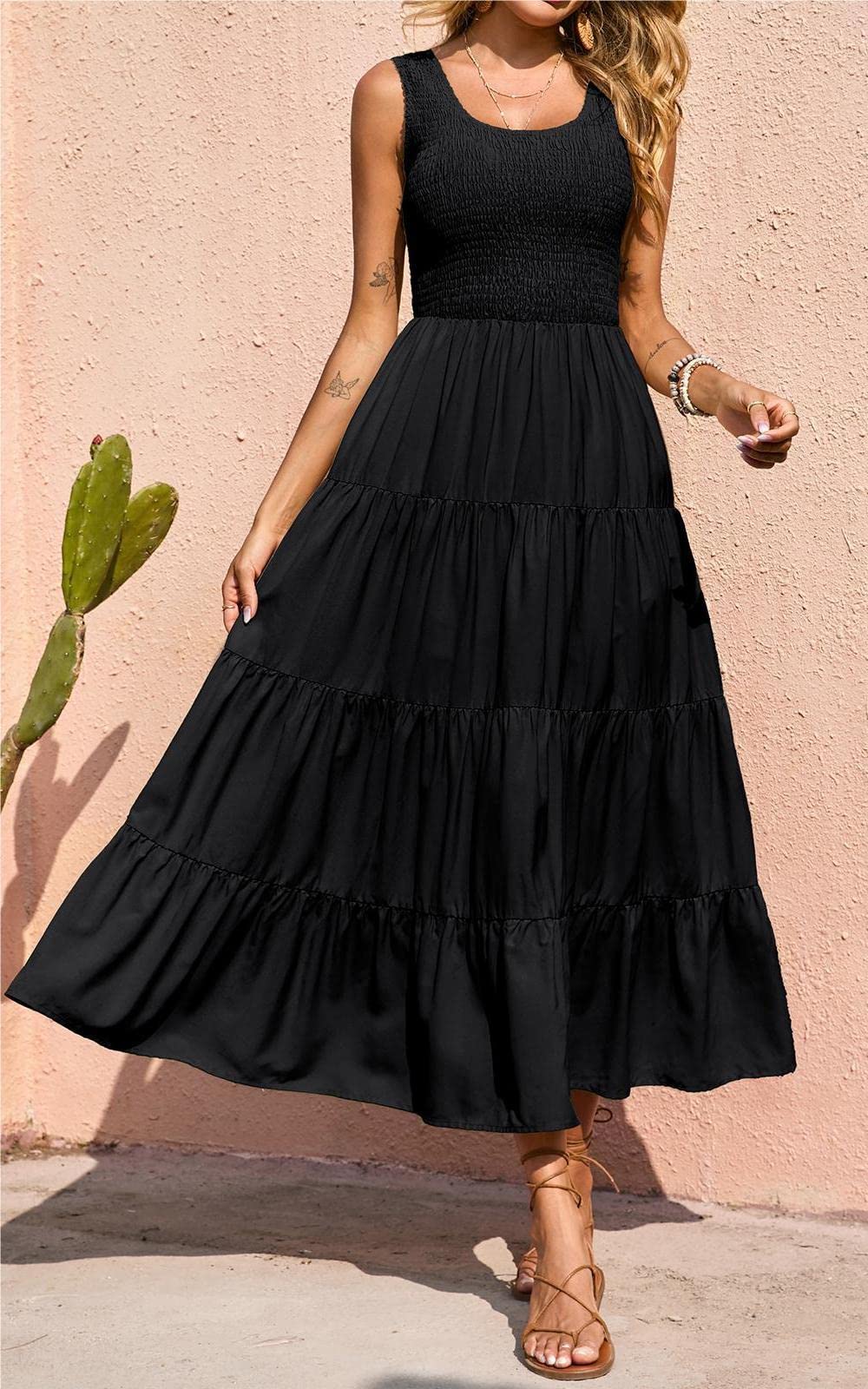 PRETTYGARDEN Women's Casual Loose Plain Maxi Sundress - Smocked Tank Sleeveless Summer Beach Dress with Tiered Design for Vacation, Pool Party & Outdoor Activities