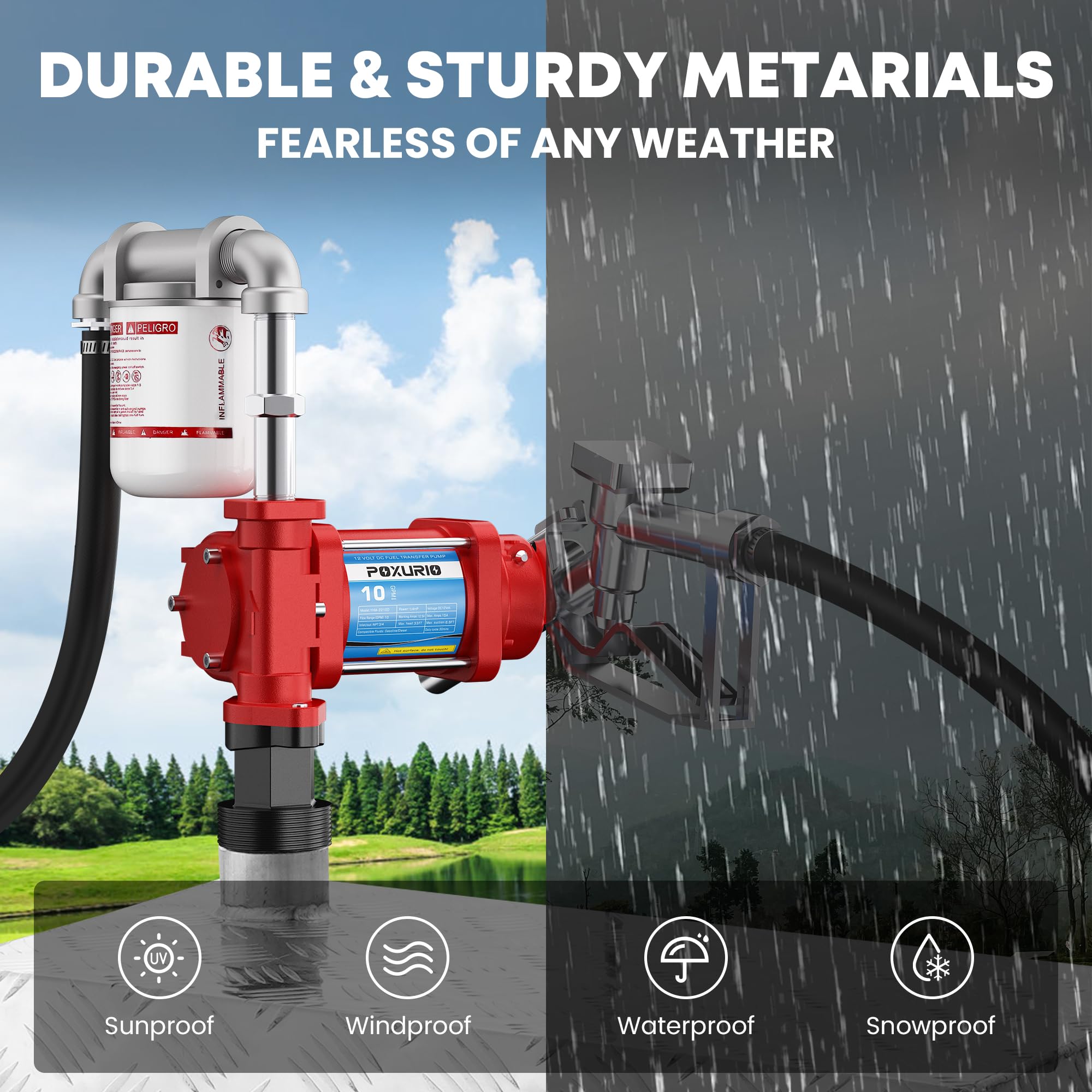 12V Heavy Duty Fuel Transfer Pump - 10GPM Gasoline/Diesel/Kerosene/Biodiesel Pump with Hose & Nozzle - Cast Iron Construction for Trucks, Boats, Farm Equipment & Emergency Fuel Transfer