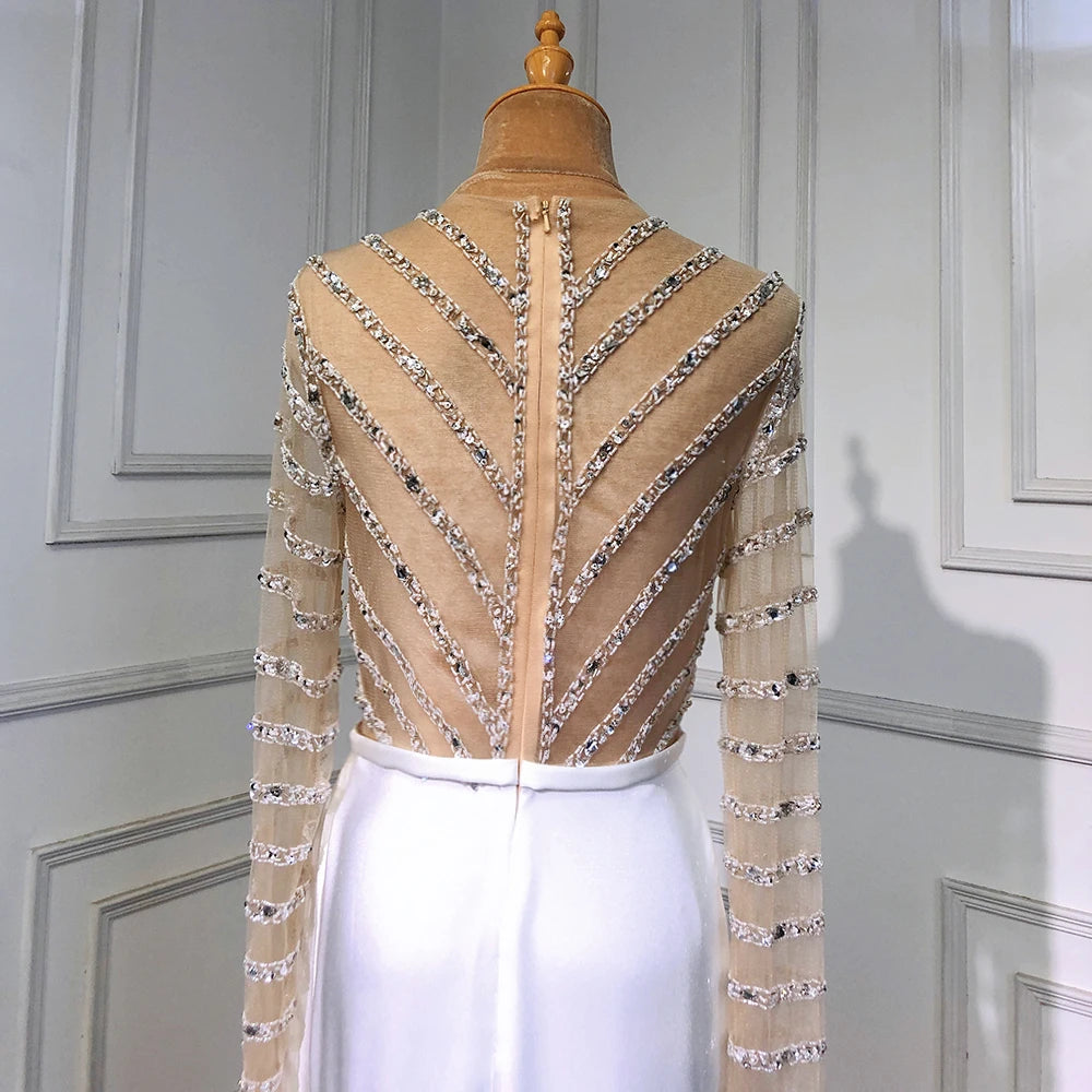 Elegant White Long Sleeve Mermaid Evening Dress with Beaded Details - 2025 Luxury Party Gown for Women | Perfect for Prom, Wedding Guest & Formal Events - Serene Hill LA71531