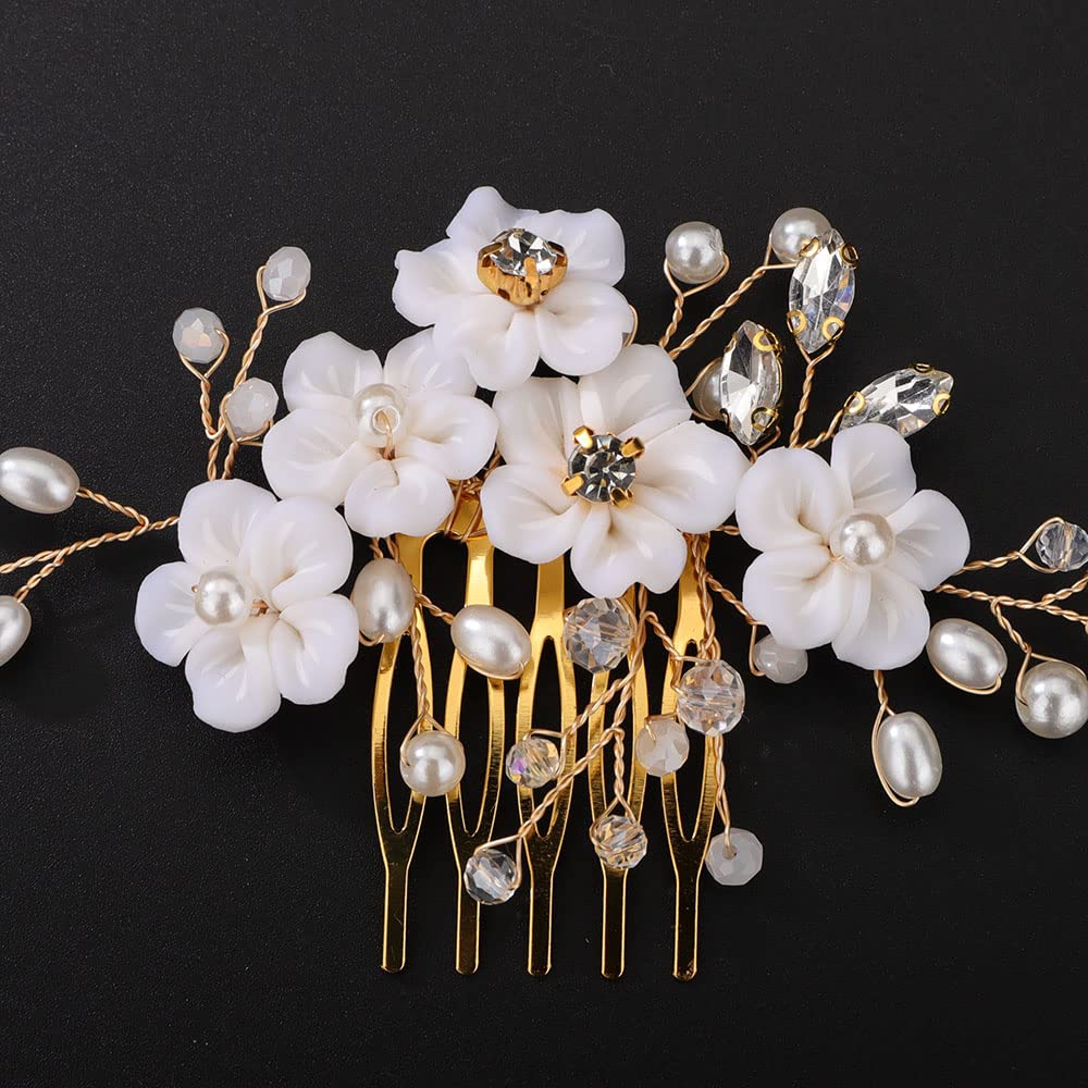 Denifery White Flower Bridal Hair Vine with Comb - Gold Crystal Pearl Wedding Hair Accessories for Women & Girls | Perfect for Bridal, Prom, and Special Occasions