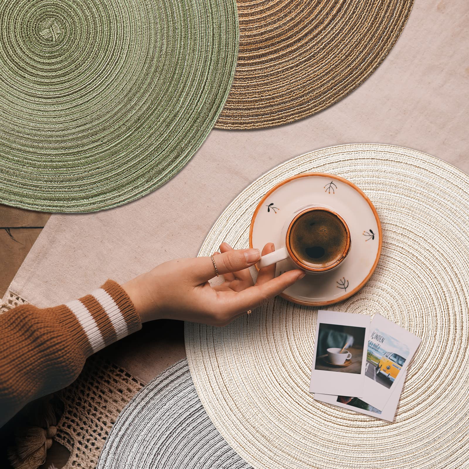 Natural Woven Round Braided Placemats Set of 6 - 15 Inch Heat Resistant Table Mats for Dining Room Decor, Kitchen & Outdoor Picnic (Beige)