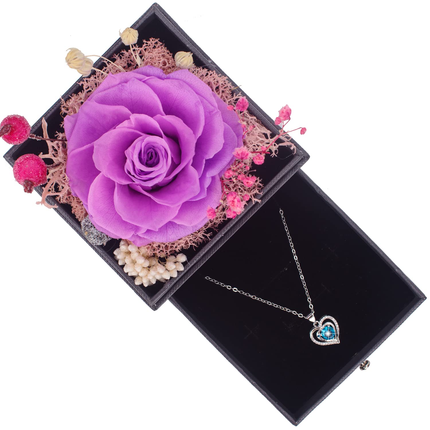 Eternal Handmade Rose Necklace Gift Set - Preserved Real Rose in Elegant Jewelry Box, Perfect Romantic Gift for Women on Birthday, Anniversary, Mother's Day & Valentine's Day (Purple) | Jewelry Gift for Girlfriend, Wife, Mom & Special Occasions