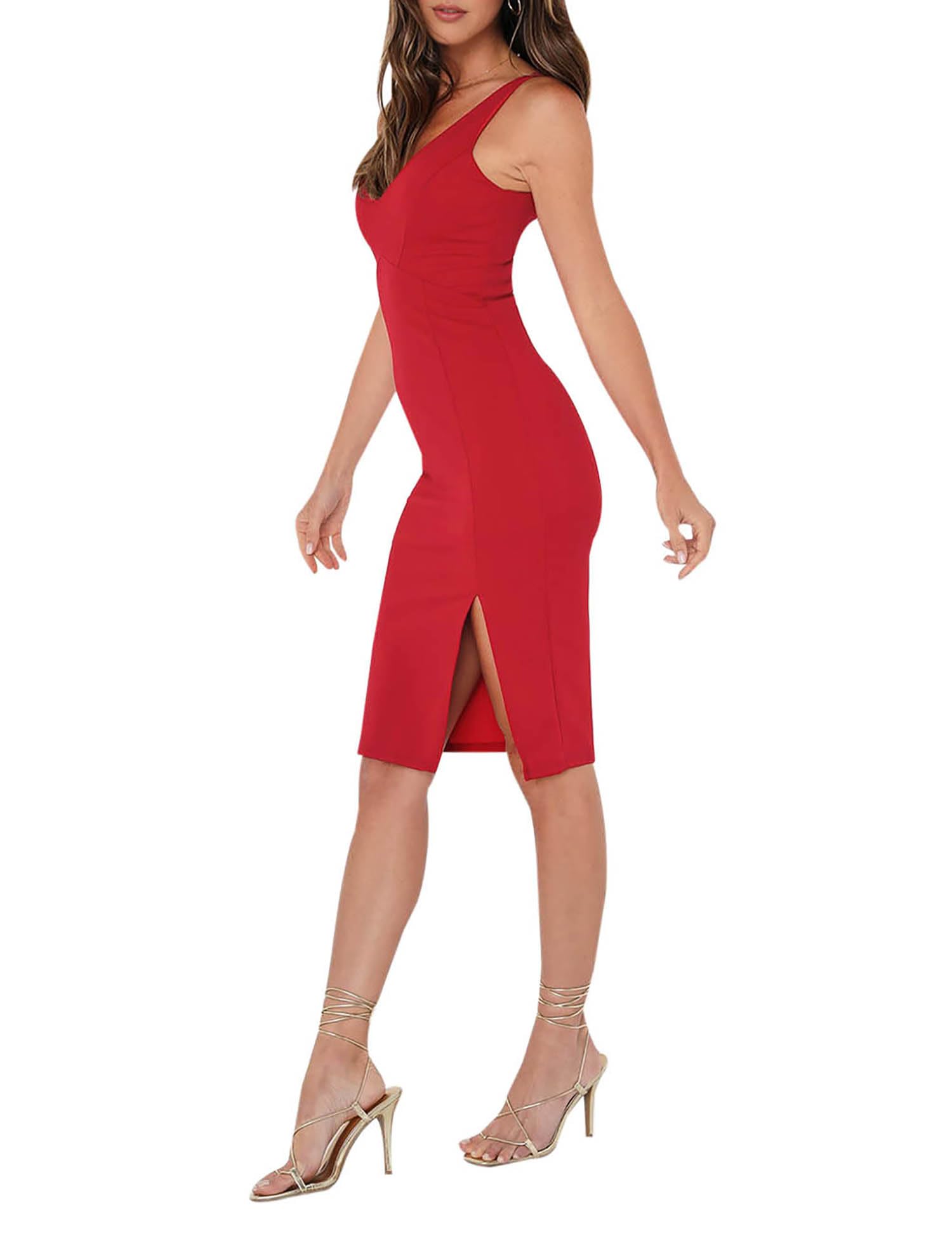 AIMCOO Women's Sexy V-Neck Bodycon Cocktail Dress - Formal Midi Dress with High Slit for Wedding Guest, Graduation, Party & Summer Events 2024 | Elegant & Stylish Evening Wear for Special Occasions