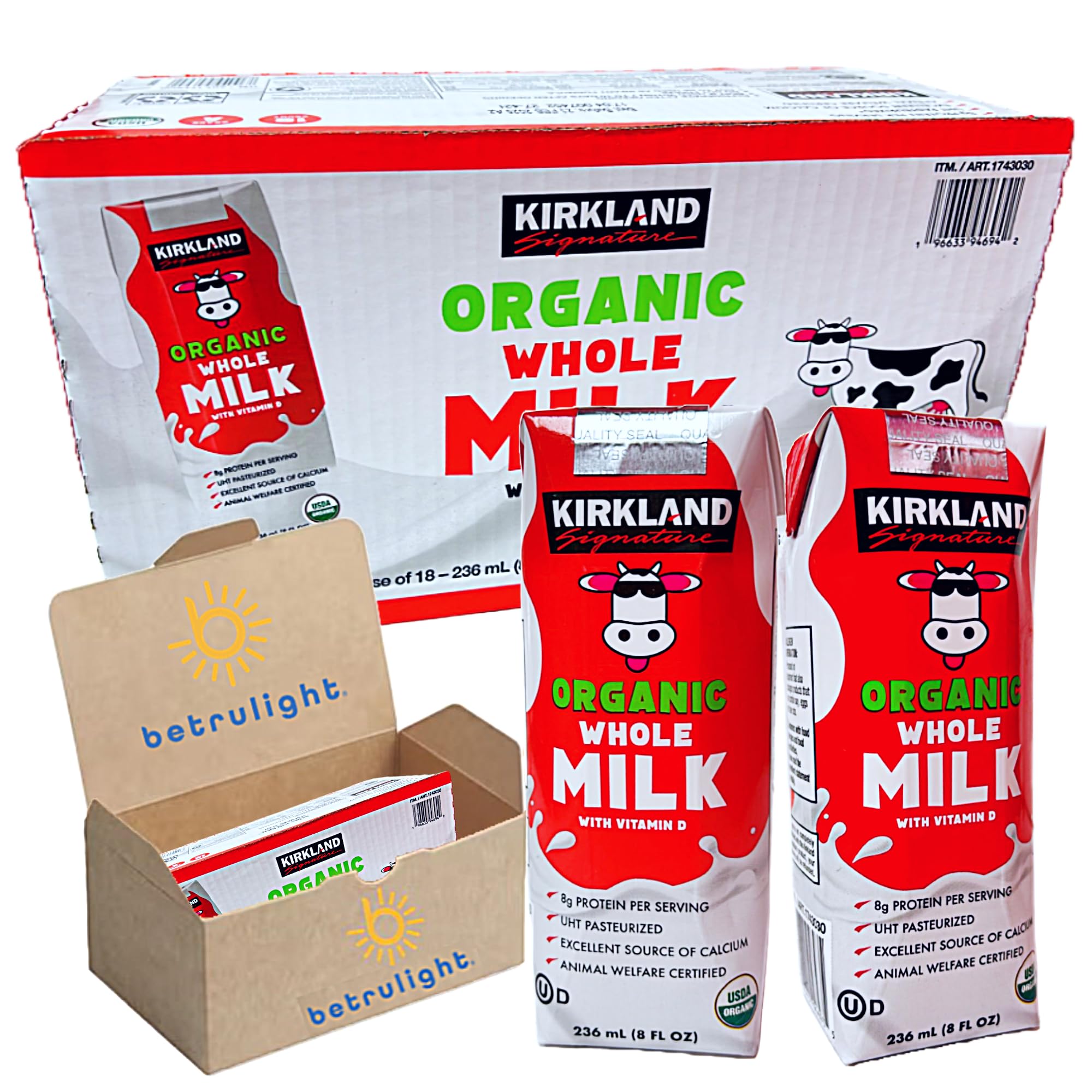 Organic Whole Milk from Grass-Fed Cows | Shelf-Stable Single-Serve Milk with Straws | 8.0 Fl oz (Pack of 18) | Perfect for School Lunches, Camping, Emergency Kits & On-the-Go Nutrition | Elegantly Packaged in BETRULIGHT Branded Box
