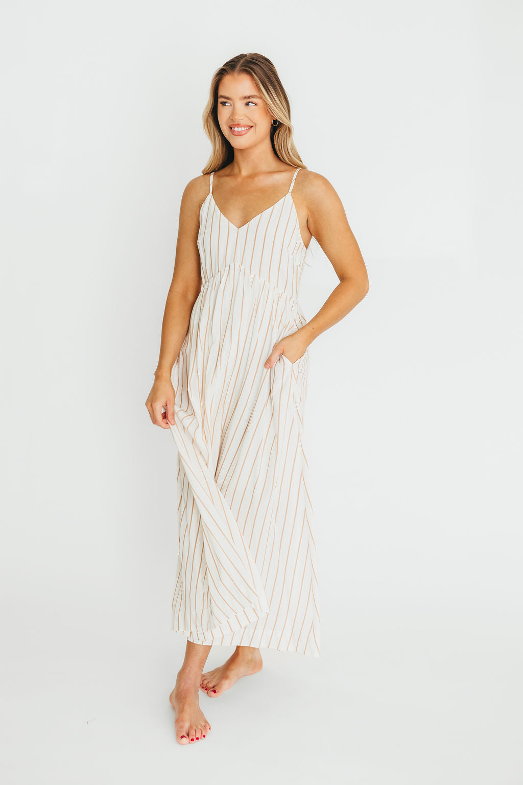 Genesis Stripe Midi Dress - Women's Flowy White & Taupe A-Line Summer Dress for Casual Outings, Beach Vacations & Date Nights