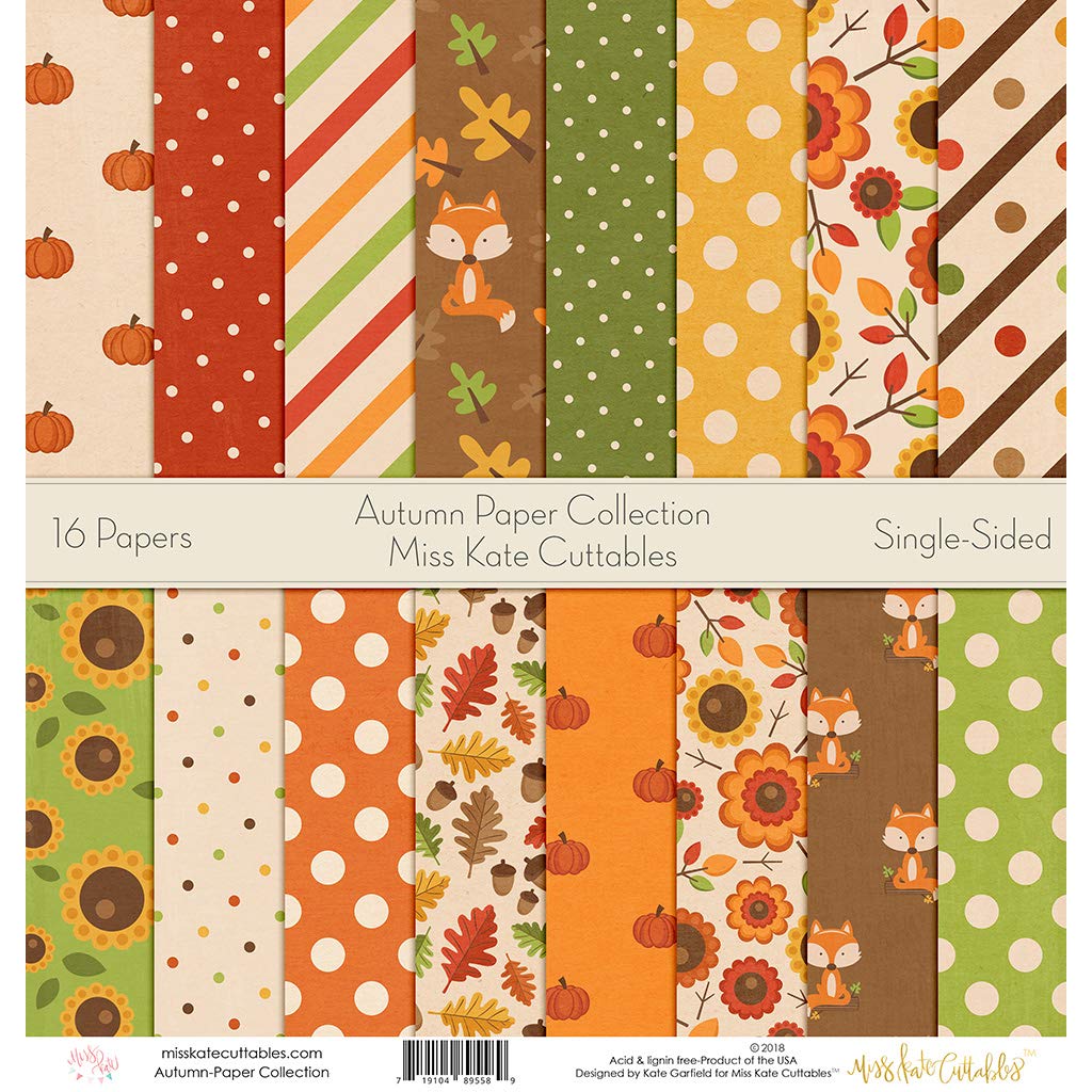 Miss Kate Cuttables Autumn Scrapbook Paper Pack - Premium 12x12 Single-Sided Pattern Paper Collection with 16 Sheets - Perfect for Fall Crafts, DIY Scrapbooking, Card Making & Home Decor Projects