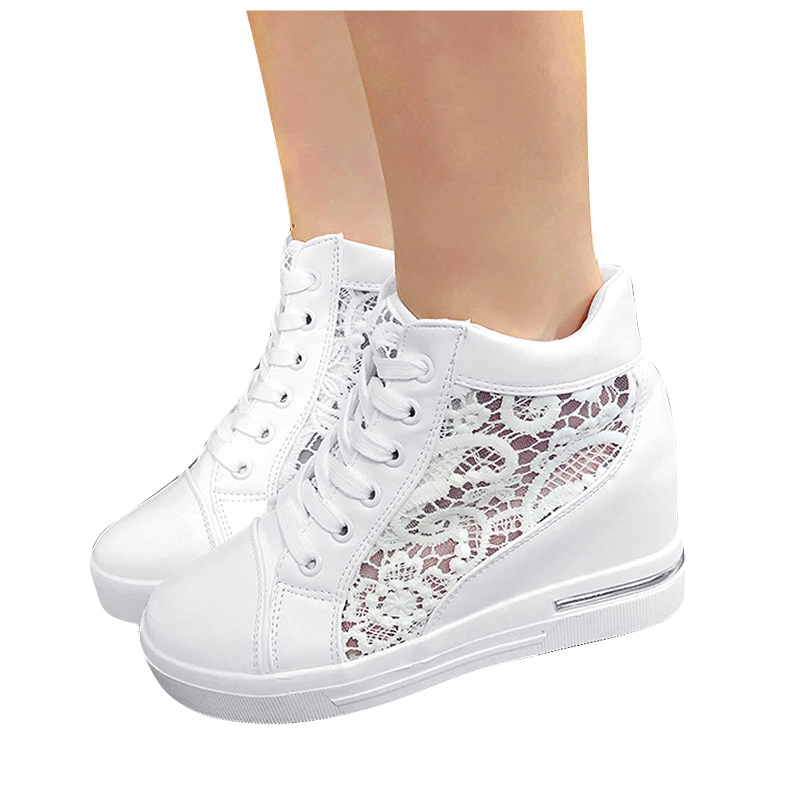 Women's Embroidered White Lace Canvas Platform Sneakers - Breathable Low Top Lace Up Shoes for Casual Wear, Walking, Beach, Travel & Wedding | Comfortable Slip On Loafers for Girls & Women | Outdoor Sports & Fashion Sneakers