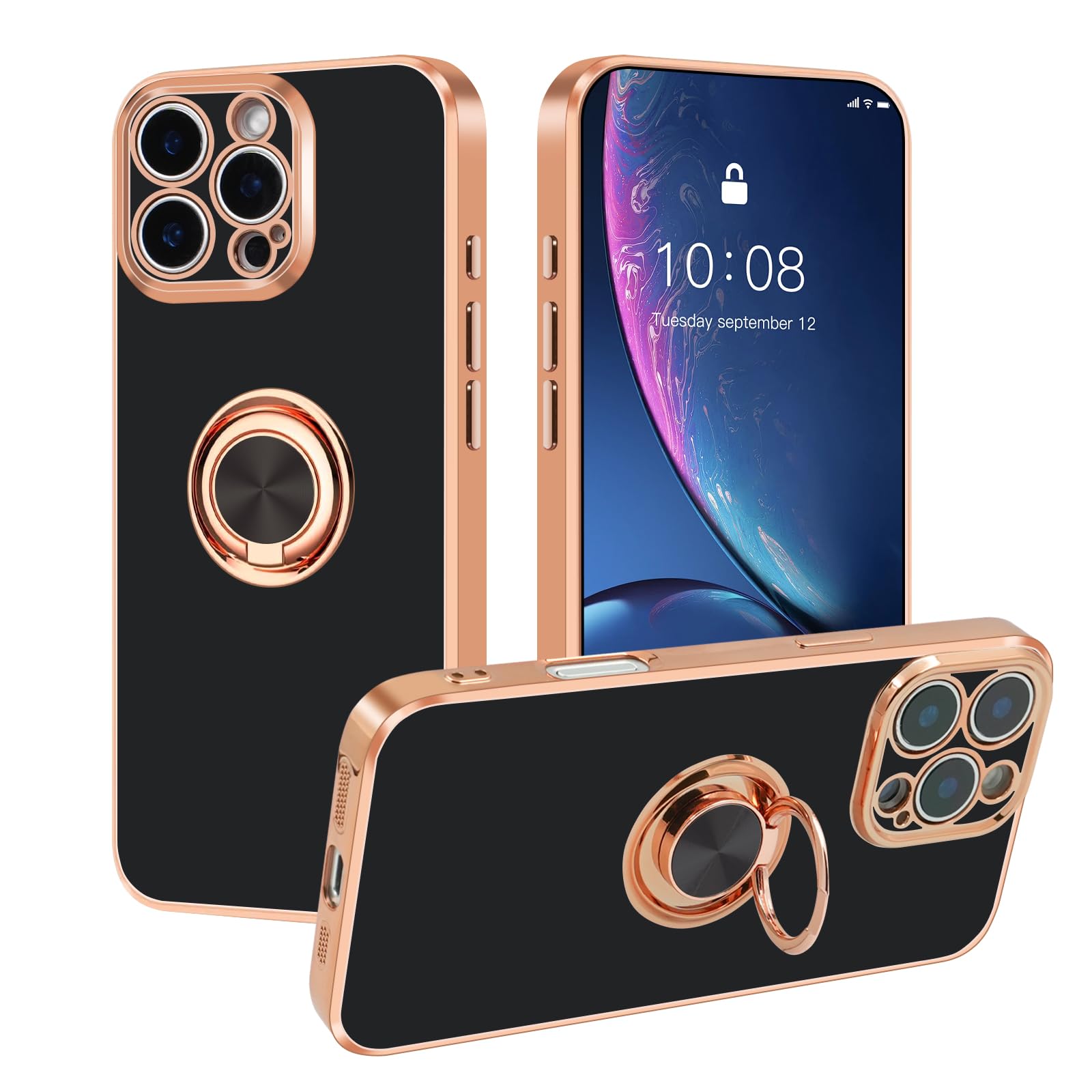Premium Gold Plated iPhone 16 Pro Max Case (6.9 inch) with Foldable Ring Stand - Slim Soft Protective Cover in Black Gold | Perfect for Work, Travel & Everyday Use