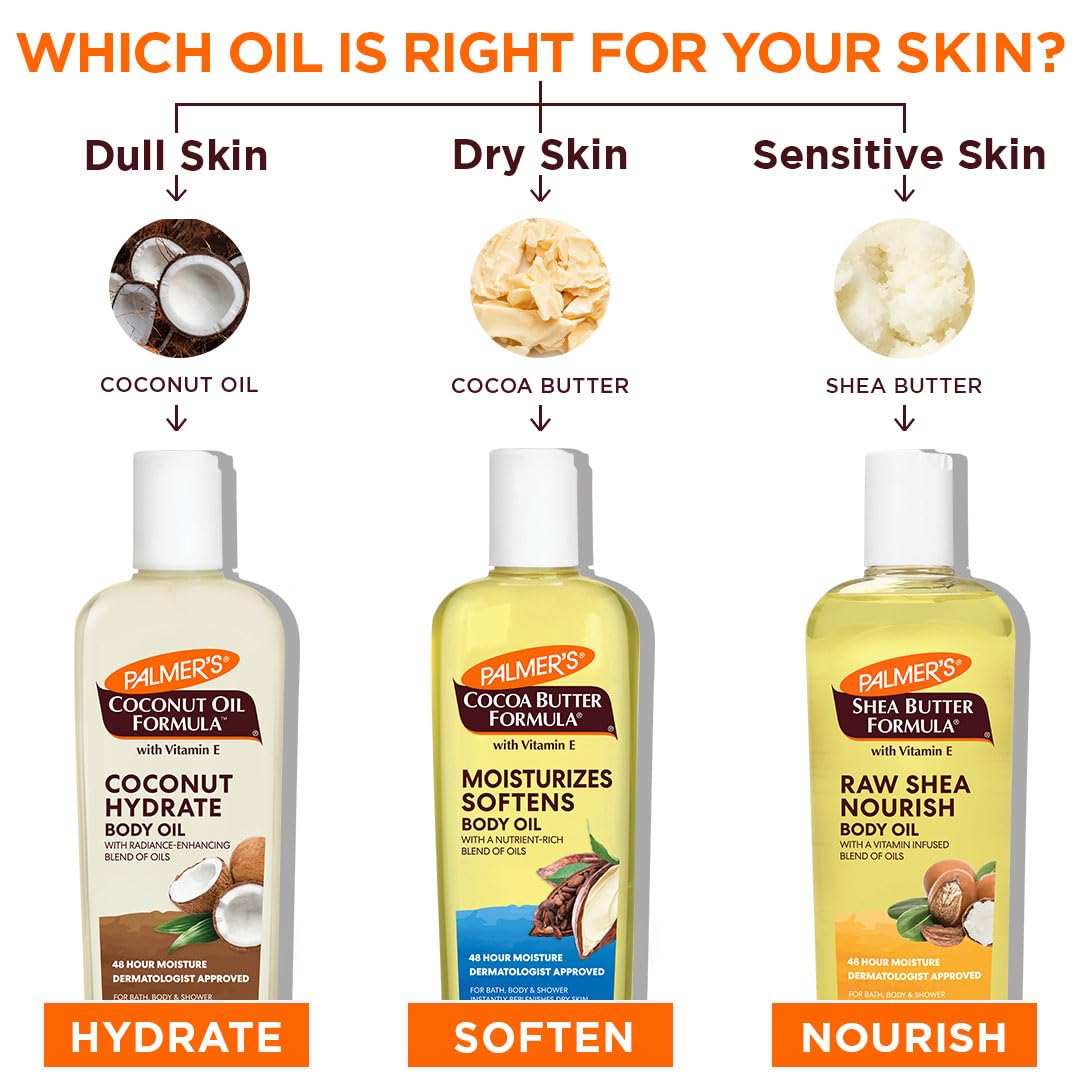 Palmer's Cocoa Butter, Coconut & Shea Body Oil Variety Pack - Dermatologist Approved, Fast Absorbing Moisturizer for Dry Skin - 3 Pack (8.5 oz Each) - Perfect for Post-Shower Hydration, Massage & Daily Skincare Routine