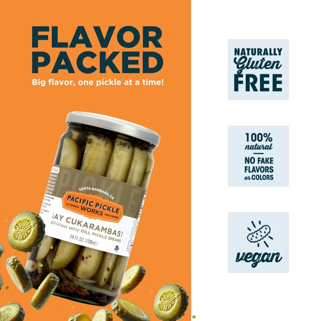 Spicy Dill Pickle Spears with Garlic and Jalapeño - Gourmet Hot Pickles 24oz Jar (6-Pack) - Non-GMO, Kosher, Gluten-Free - Perfect for Sandwiches, Burgers, Charcuterie Boards and Snacking