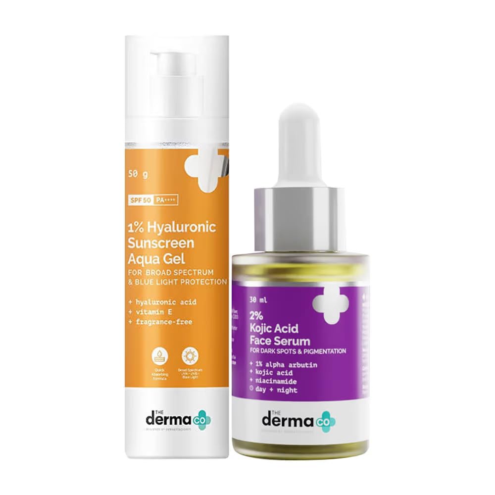 The Derma Co Essential Skin Care Combo - 1% Hyaluronic Acid Sunscreen SPF 50 PA++++ (50g) + 2% Kojic Acid Brightening Face Serum (30g) | Anti-Pigmentation Treatment | Sun Protection | Daily Skincare Routine for Men & Women | Perfect for Morning & Night Use, Travel & All Skin Types