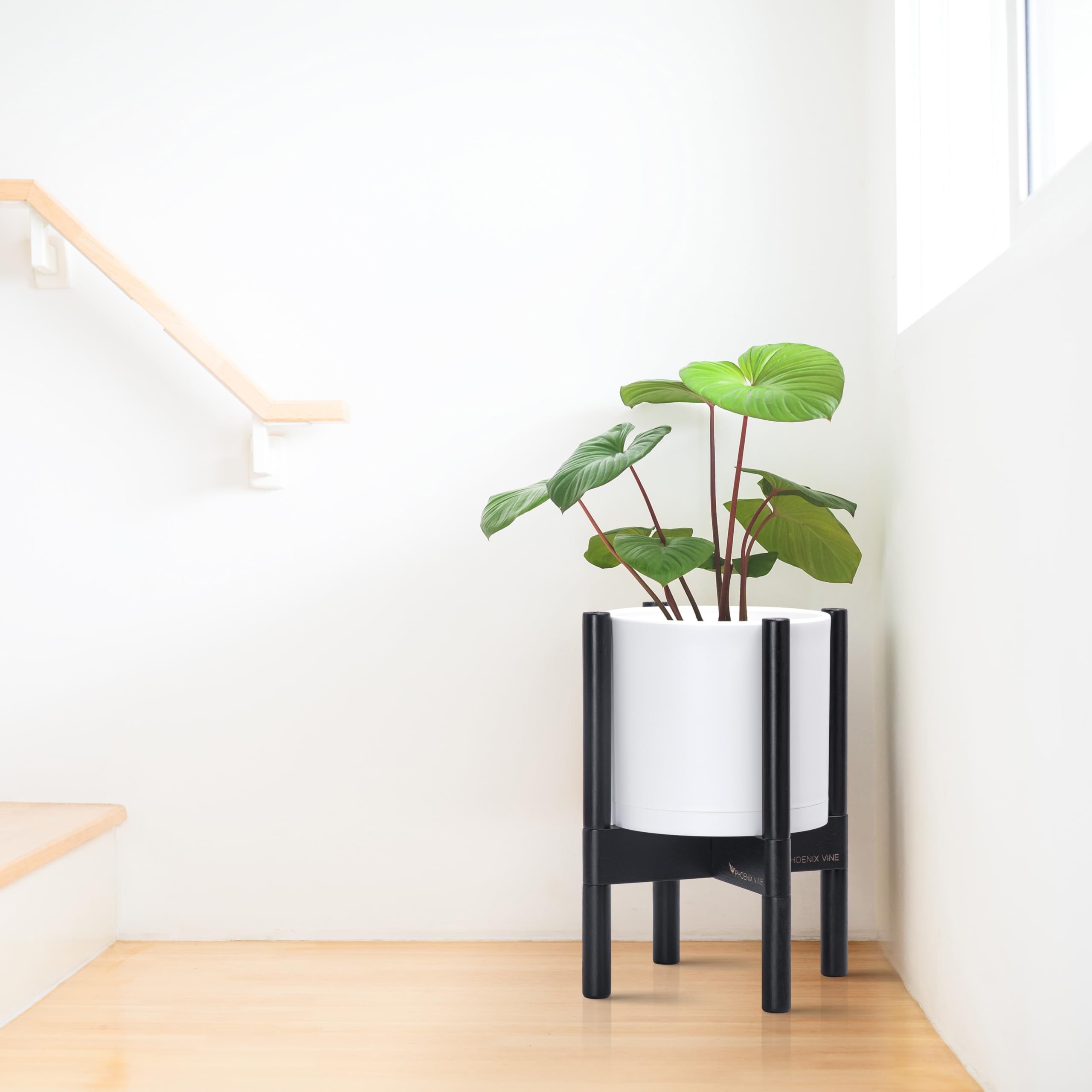 D'vine Dev 8 Inch Plastic Cylinder Flower Pot with Wood Stand - Modern Matte White Planter + Ebony Holder for Indoor Plants, Succulents, Herbs - Perfect for Home, Office, Living Room Decor