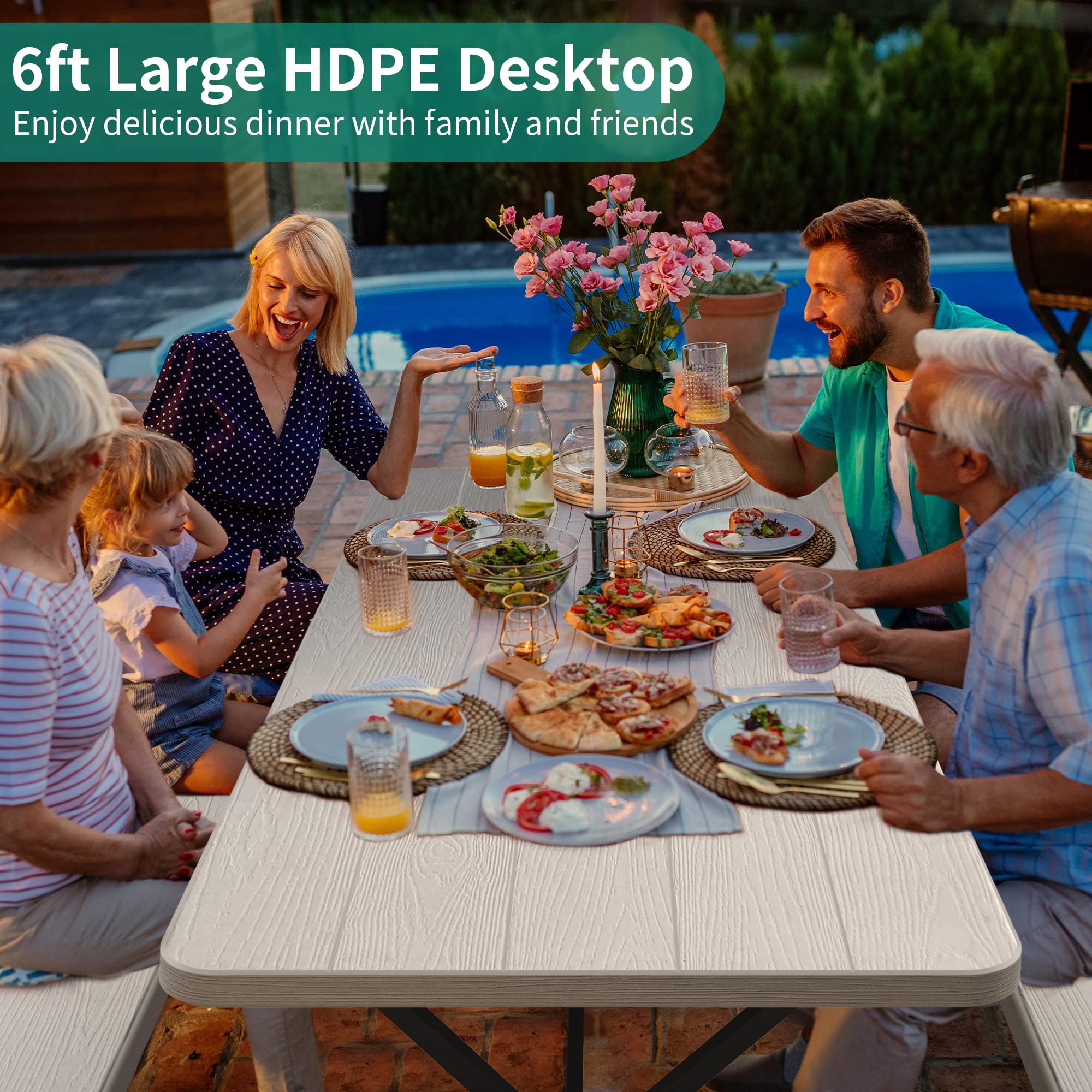 YITAHOME 6ft Heavy Duty Outdoor Picnic Table with Benches - Resin Tabletop & Sturdy Steel Frame - Includes Umbrella Hole - Perfect for Backyard, Patio, Lawn, Garden Parties & Outdoor Gatherings (White)