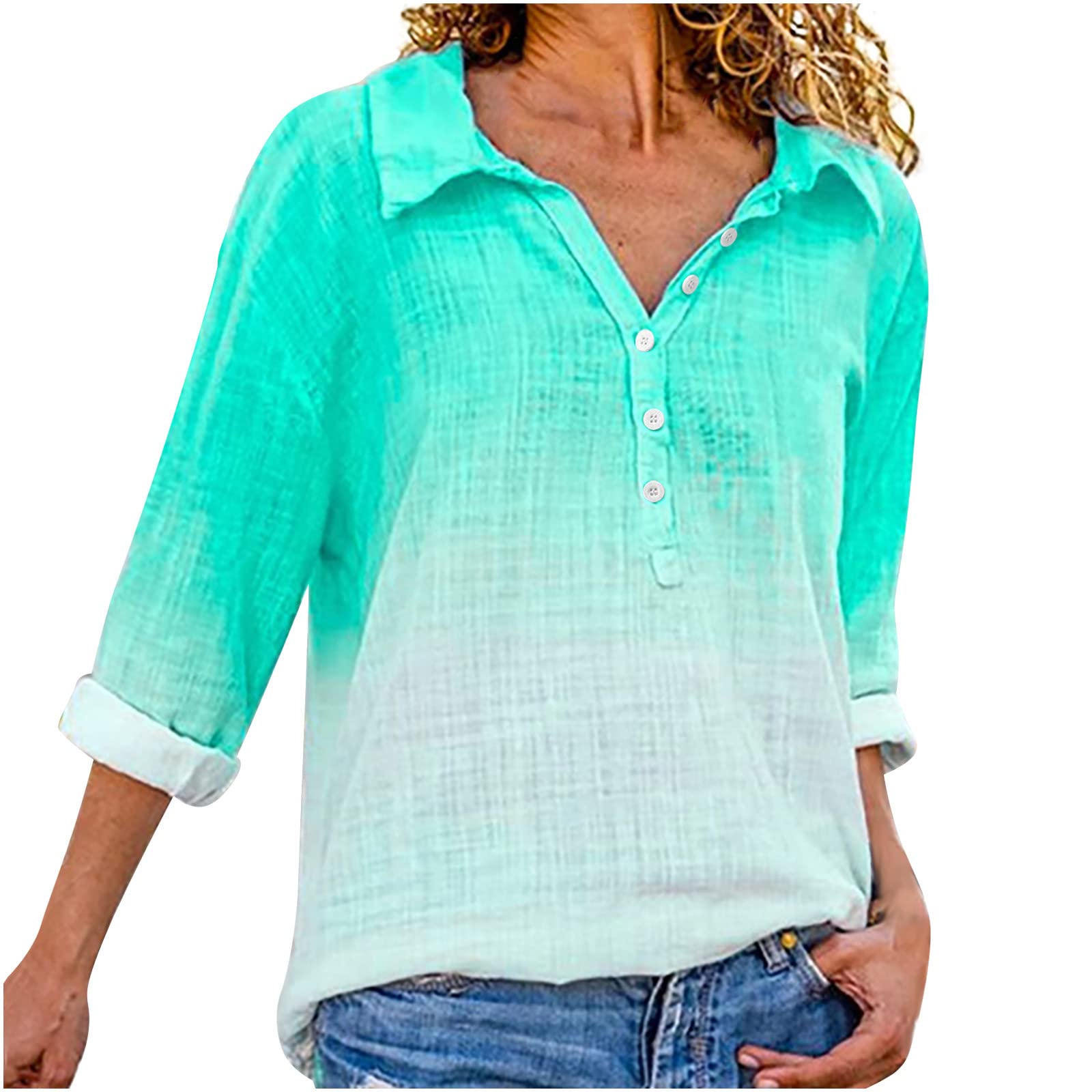 Women's Fall Ruched V-Neck Long Sleeve Button-Up Shirts - Slim Fit Tops for Autumn | Casual Workwear & Layering Essentials