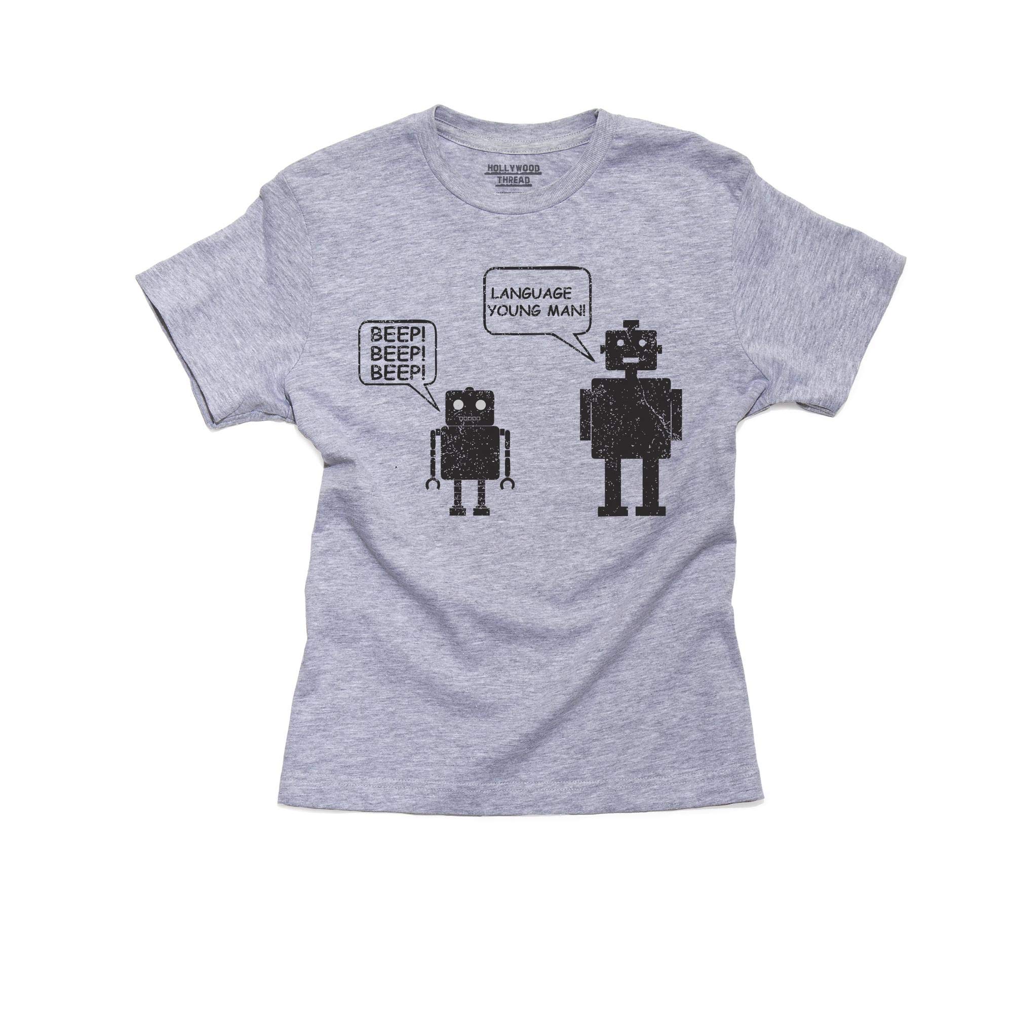 Father Son Robots Watch Your Language Cotton Youth T-Shirt - Funny Robot Graphic Tee for Kids & Teens - Perfect for Family Outings & STEM Events