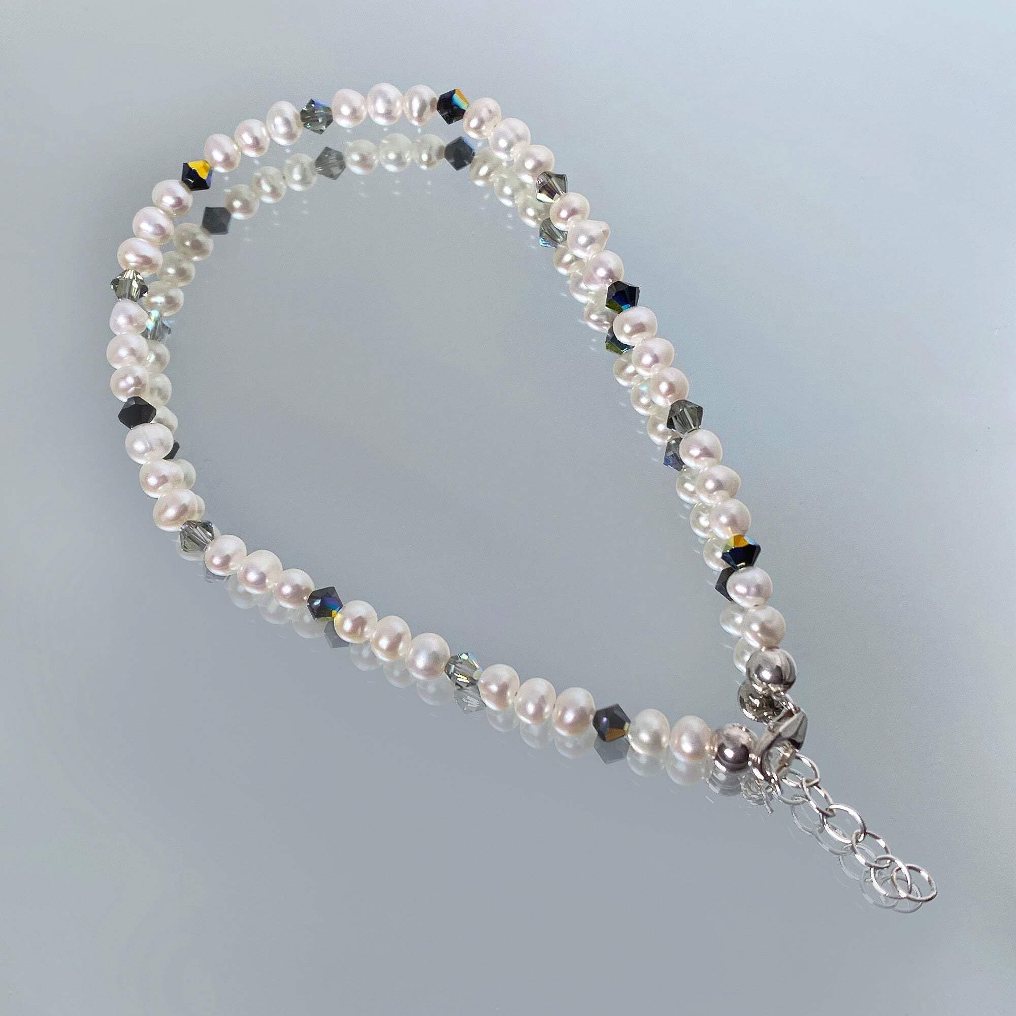 925 Silver Pearl Crystal Anklet 9-10