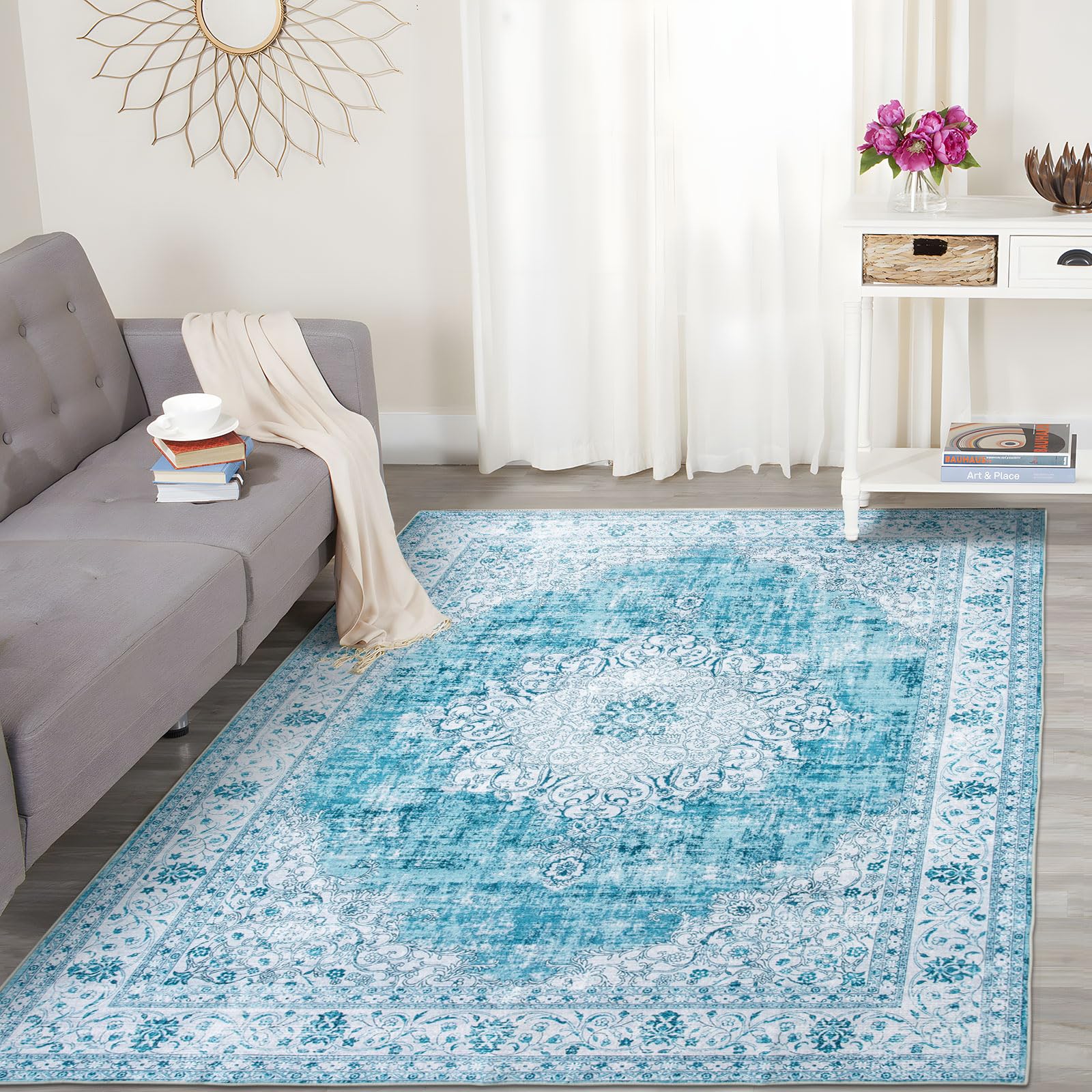 DECOMALL Kalina Washable Area Rugs 5x7ft - Bohemian Vintage Foldable Carpet for Living Room, Bedroom & Dining Room - Blue & White Design - Perfect for Home Decor, Apartment Flooring & Cozy Spaces