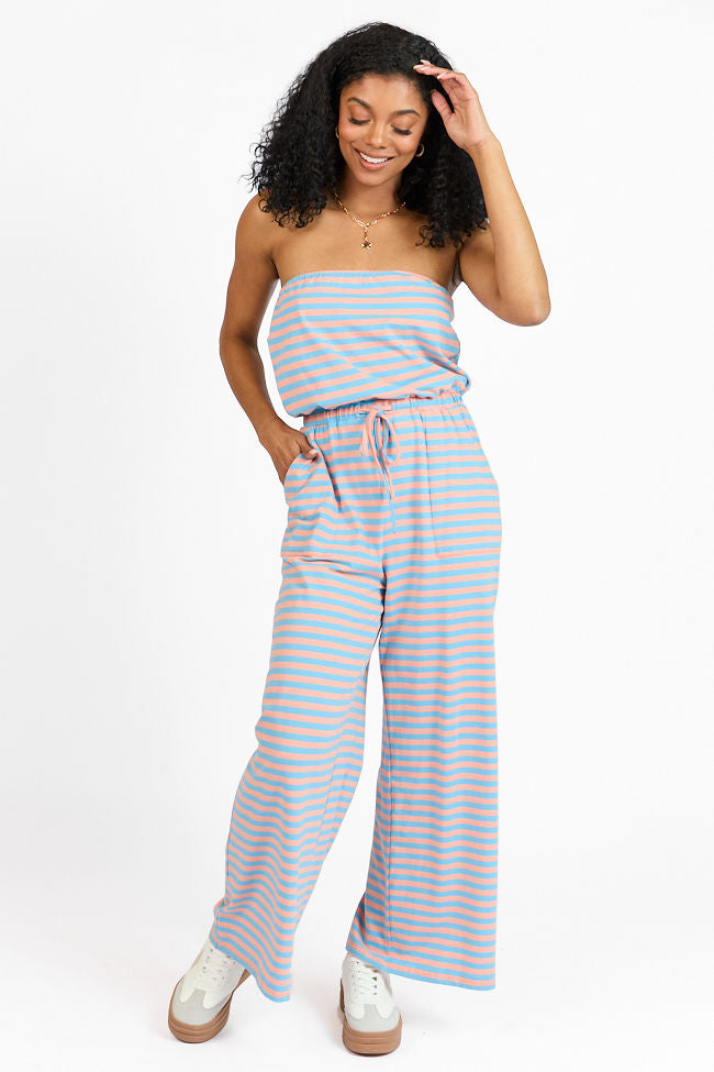 Elegant Coral & Blue Striped Strapless Jumpsuit for Women - Summer Beach Party, Vacation Outfit, Nightclub Wear - FINAL SALE
