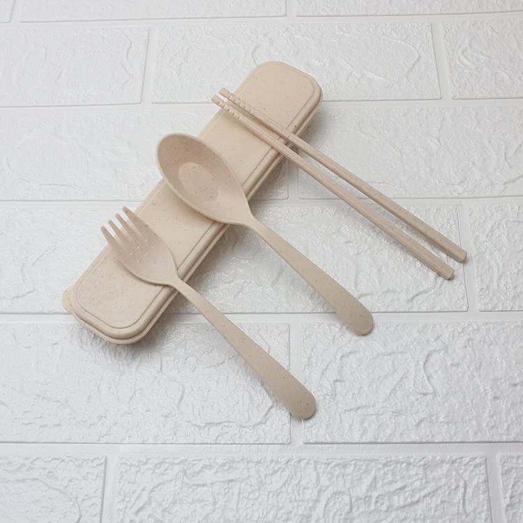 Eco-Friendly Wheat Stalk Travel Utensil Set with Case - Reusable Cutlery Kit with Spoon, Fork & Chopsticks | Portable Dining Utensils for Camping, Office Lunch & Sustainable Living (Beige)