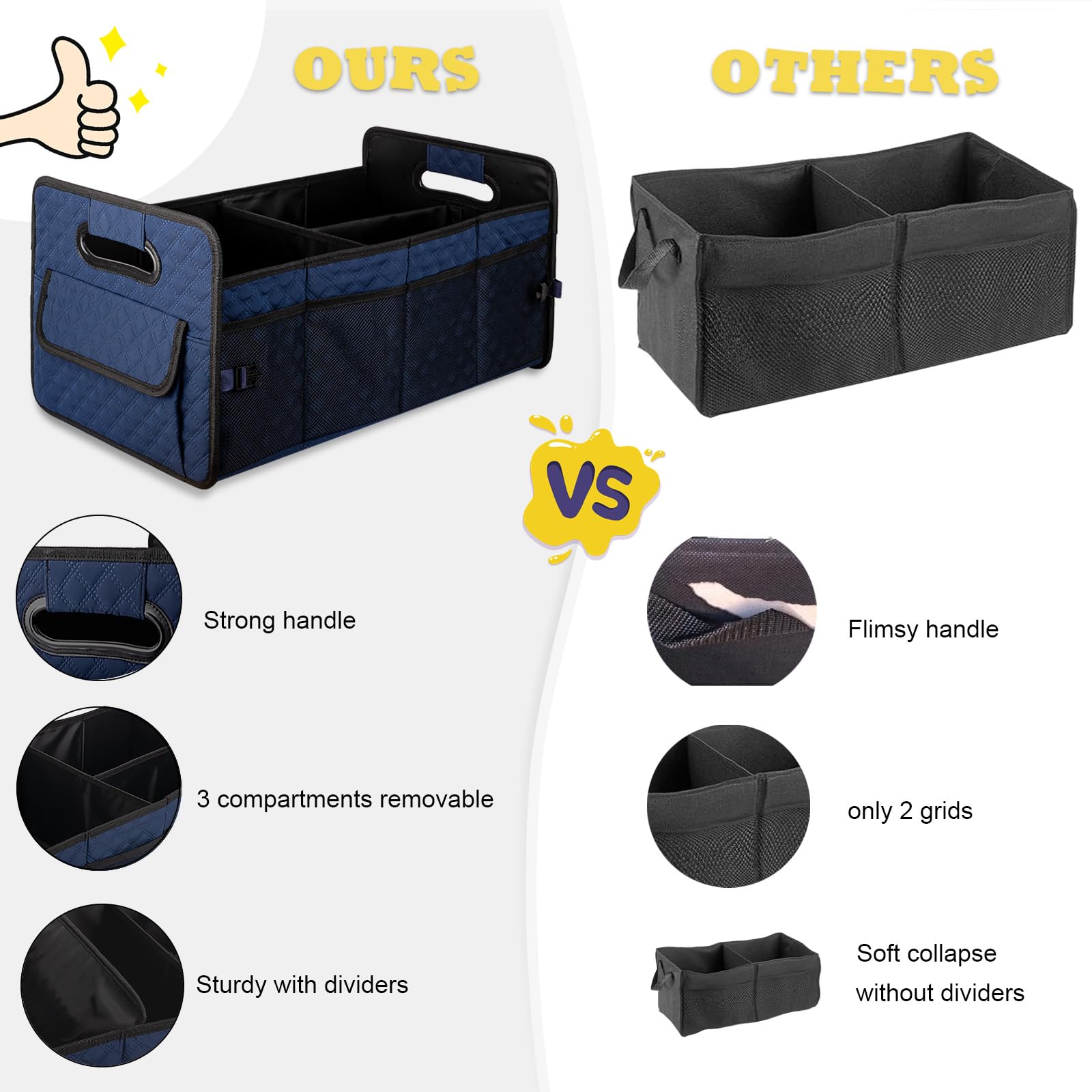 JiatuA Collapsible Car Trunk Organizer for SUV - Multi-Compartment Storage Container Box with Adjustable Dividers - Car Accessories for Women & Men (Dark Blue) - Perfect for Road Trips, Grocery Shopping & Family Outings