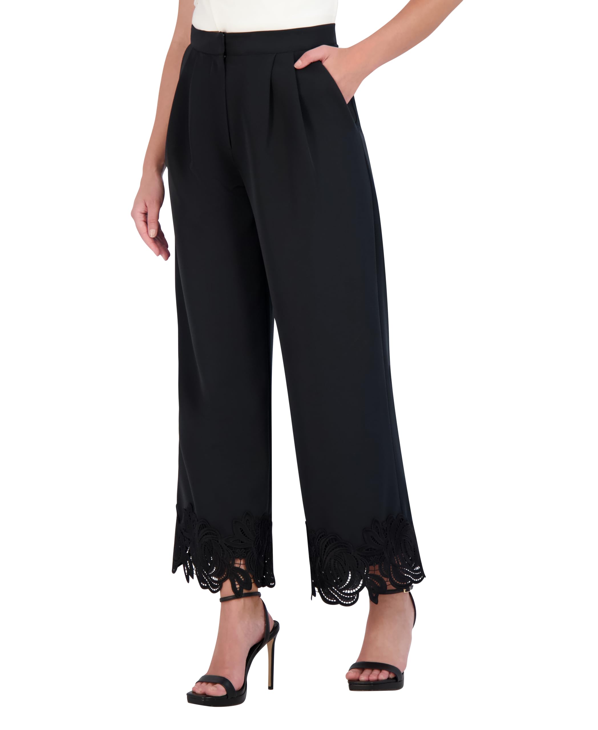 BCBGMAXAZRIA Women's Floral Applique Wide Leg Pants - Stylish & Comfortable High Waist Palazzo Trousers for Casual Wear, Office & Summer Outfits