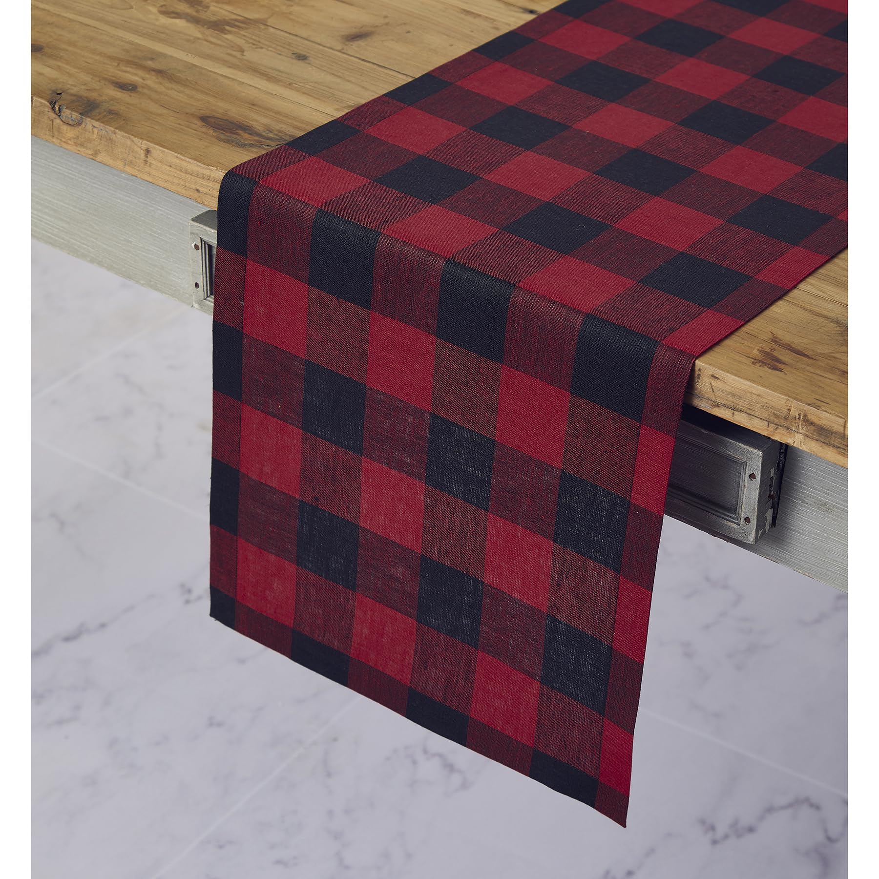 Solino Home 100% Pure Linen Buffalo Check Table Runner - 14 x 36 Inch Red and Black Plaid Tablecloth - Perfect for Dining Tables, Coffee Tables, Dressers & Holiday Decor