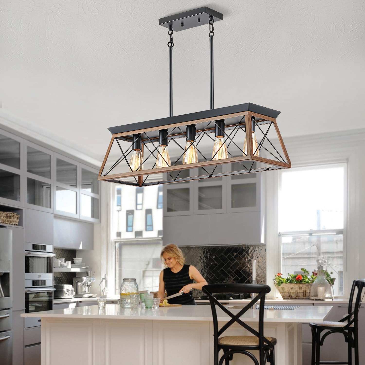 Farmhouse Kitchen Island Lighting - 5-Light Rustic Rectangular Chandelier (31.5 Inch) - Walnut Finish Dining Room Pendant Light for Kitchen, Breakfast Nook, Pool Table & Game Room Lighting