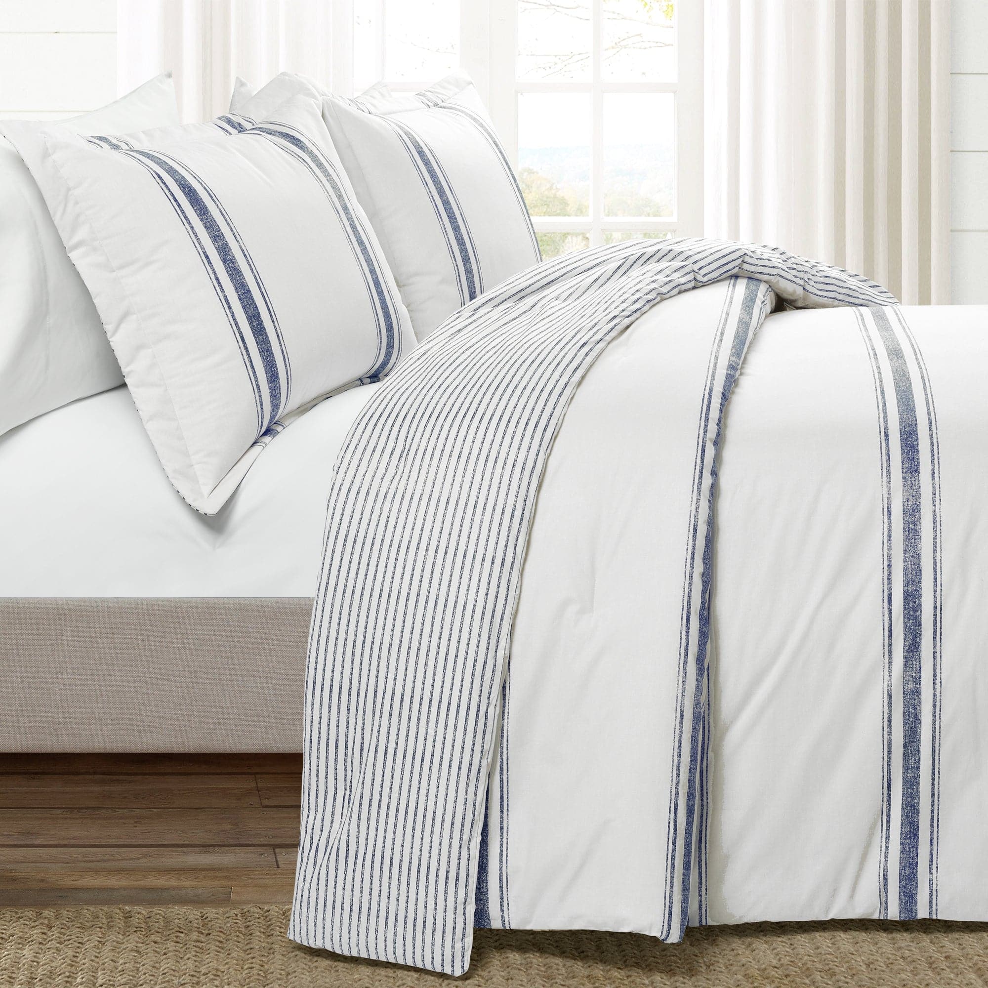 Farmhouse Stripe Reversible Comforter Set - Queen Size, Soft Breathable Cotton Bedding - Perfect for Cozy Bedroom Decor & Guest Room Styling