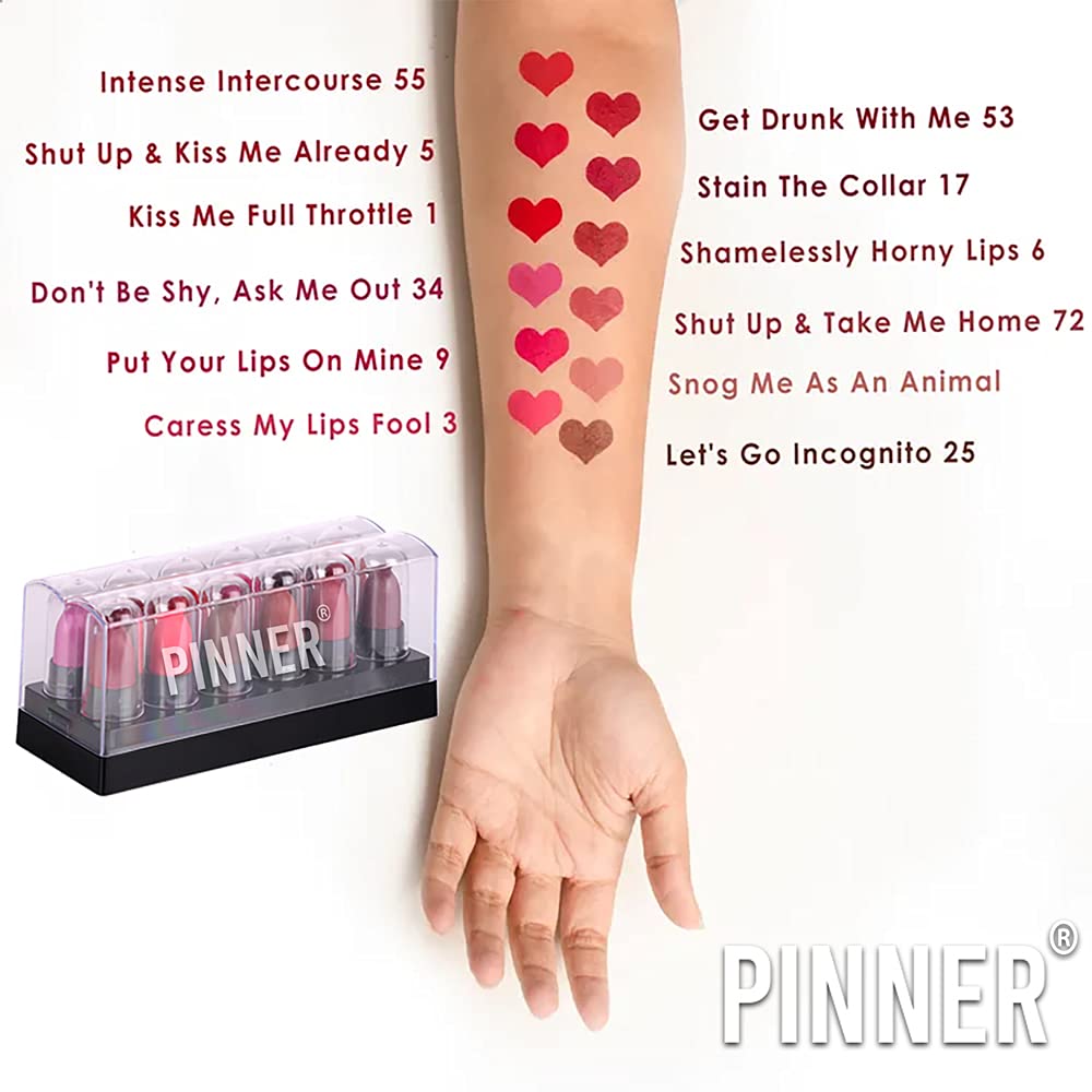 PINNER London Look Mini Pocket Lipstick Combo - 12 Vibrant Shades (Red, Magenta, Mauve, Purple, Peach, Cherry, Nude, Maroon, Brown, Pink, Disco Orange, Chocolate) 17.5g | Travel-Friendly, Everyday Wear & Party Makeup Essential