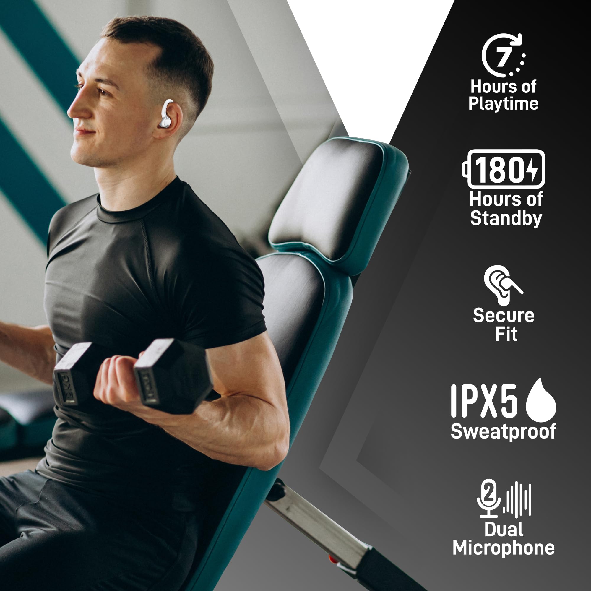 MyJoy Active Wireless Bluetooth Earbuds - Over Ear Headphones for Running, Workout & Sports - Sweatproof & Secure Fit - White (Perfect for Gym, Jogging & Outdoor Activities)