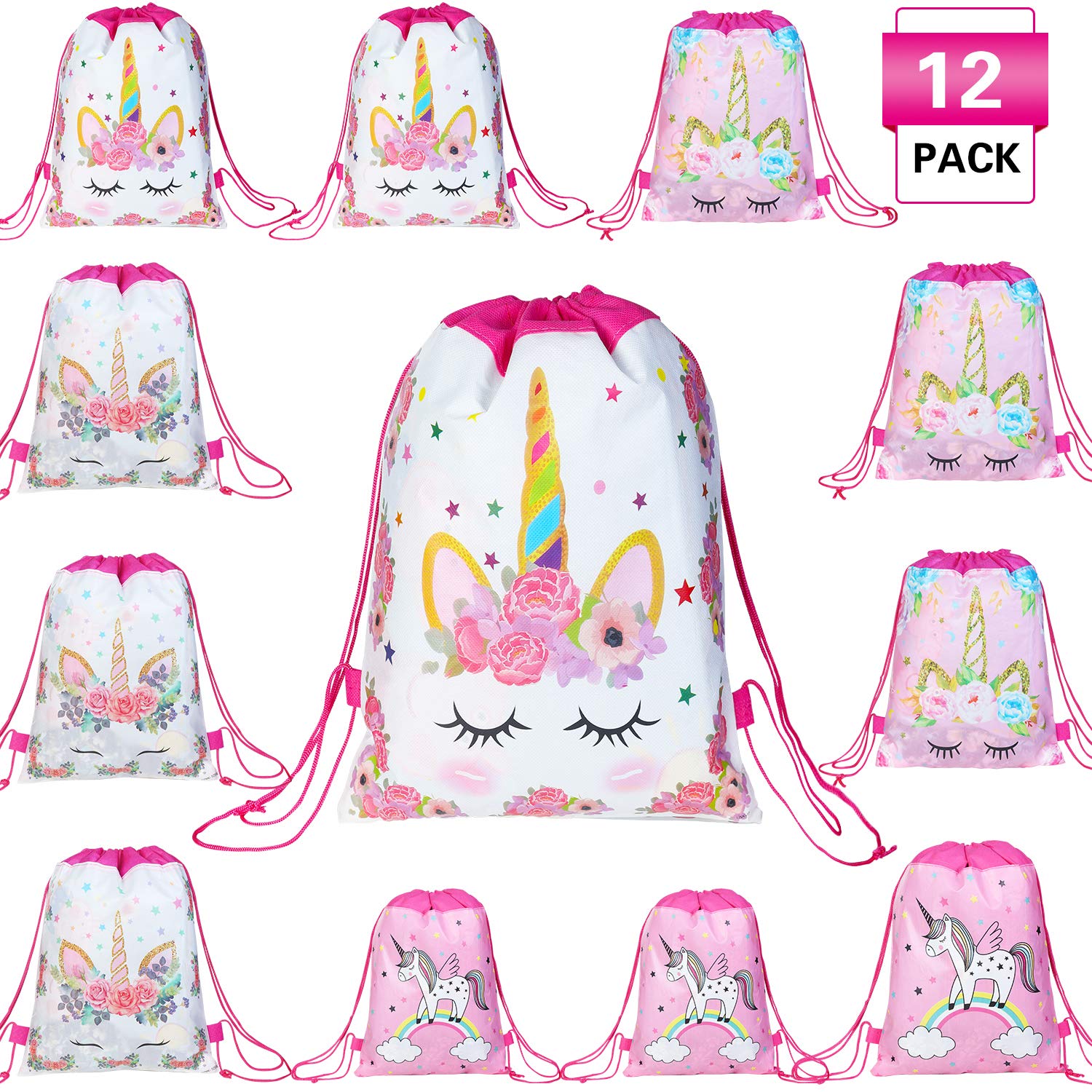 Magical Unicorn Party Favors Bags - 12 Pack Drawstring Gift Bags for Kids Birthday Party, Baby Shower & Holiday Celebration - Perfect for Goodie Bags, Treats & Party Decorations