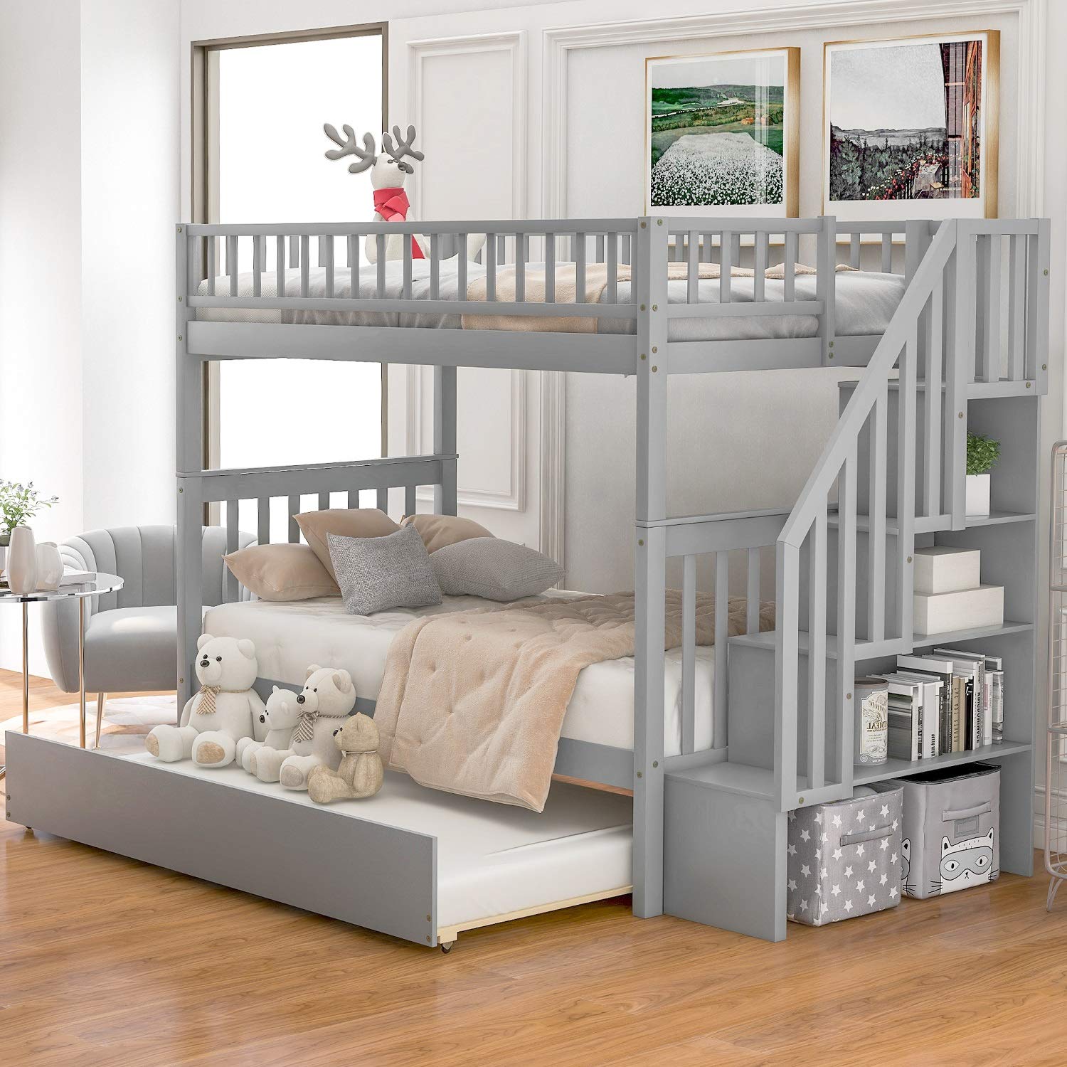 Danxee Twin Over Twin Stairway Bunk Bed with 4 Storage Shelves & Trundle - Space-Saving Gray Bunk Bed for Teens, Kids Bedroom & Guest Room Furniture - Perfect for Small Spaces, Sleepovers & Multi-Kid Rooms