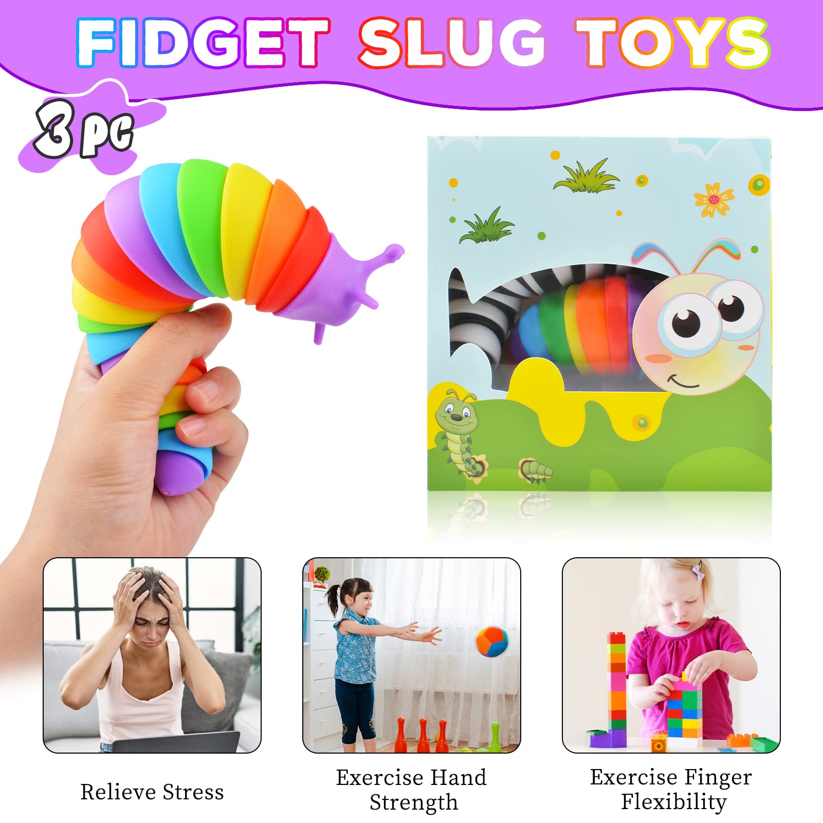 Cevioce Fidget Slug Toy - 3Pcs Sensory Slug Fidget Toys for Kids & Adults, Stress Relief Toys for Autism, ADHD, Anxiety - Perfect for Easter Basket Stuffers, Birthday Gifts for Toddler Boys & Girls - Great for Classrooms, Therapy, Travel & Home Use