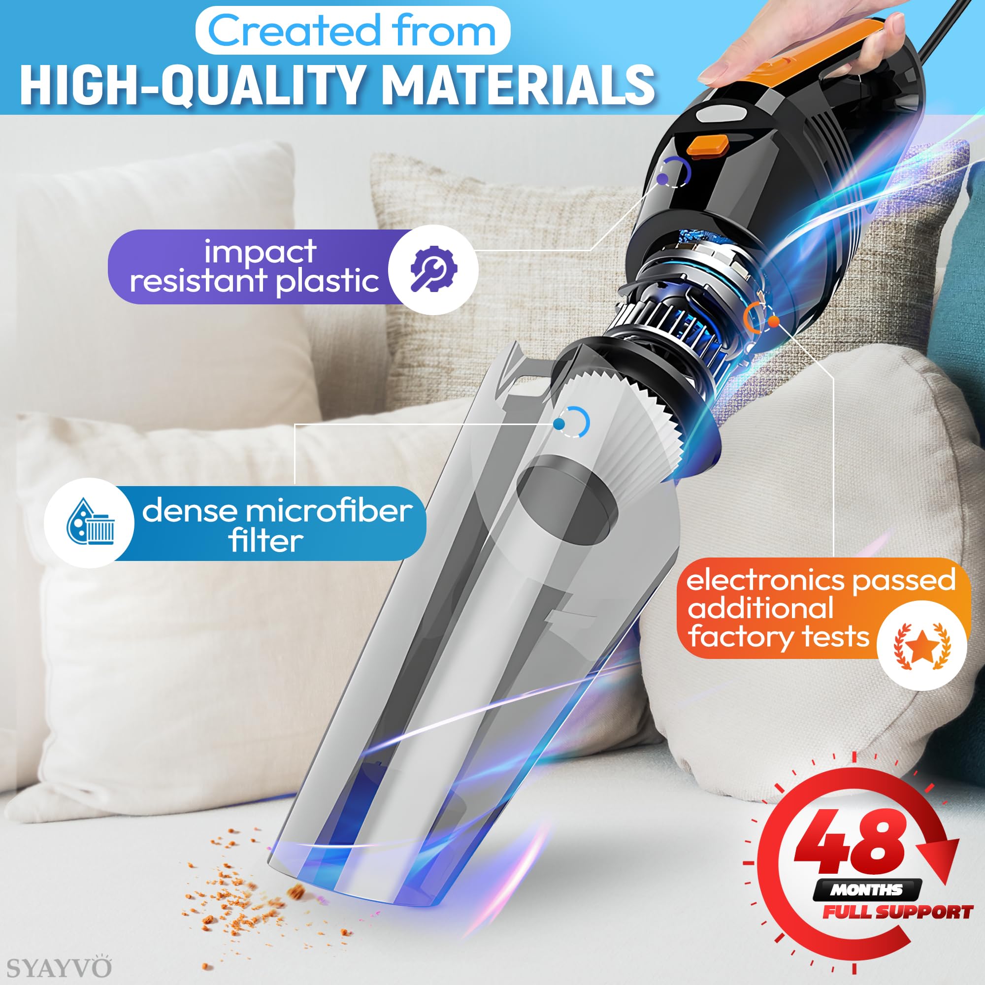 SYAYVO 8000PA Powerful Portable Car Vacuum Cleaner - 12V DC Corded Handheld Vacuum with LED Light & 16.4ft Hose | Includes Multiple Attachments for Car Detailing, Home & Office Cleaning | Ideal Gift for Men & Women