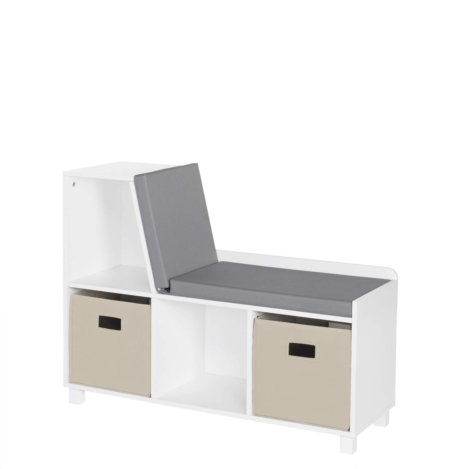 RiverRidge Kids Book Nook Storage Bench with Comfy Cushioned Seat & White Cubby Organizer - Includes Taupe Bins for Toy Storage, Perfect for Reading Corners, Playrooms & Bedroom Organization