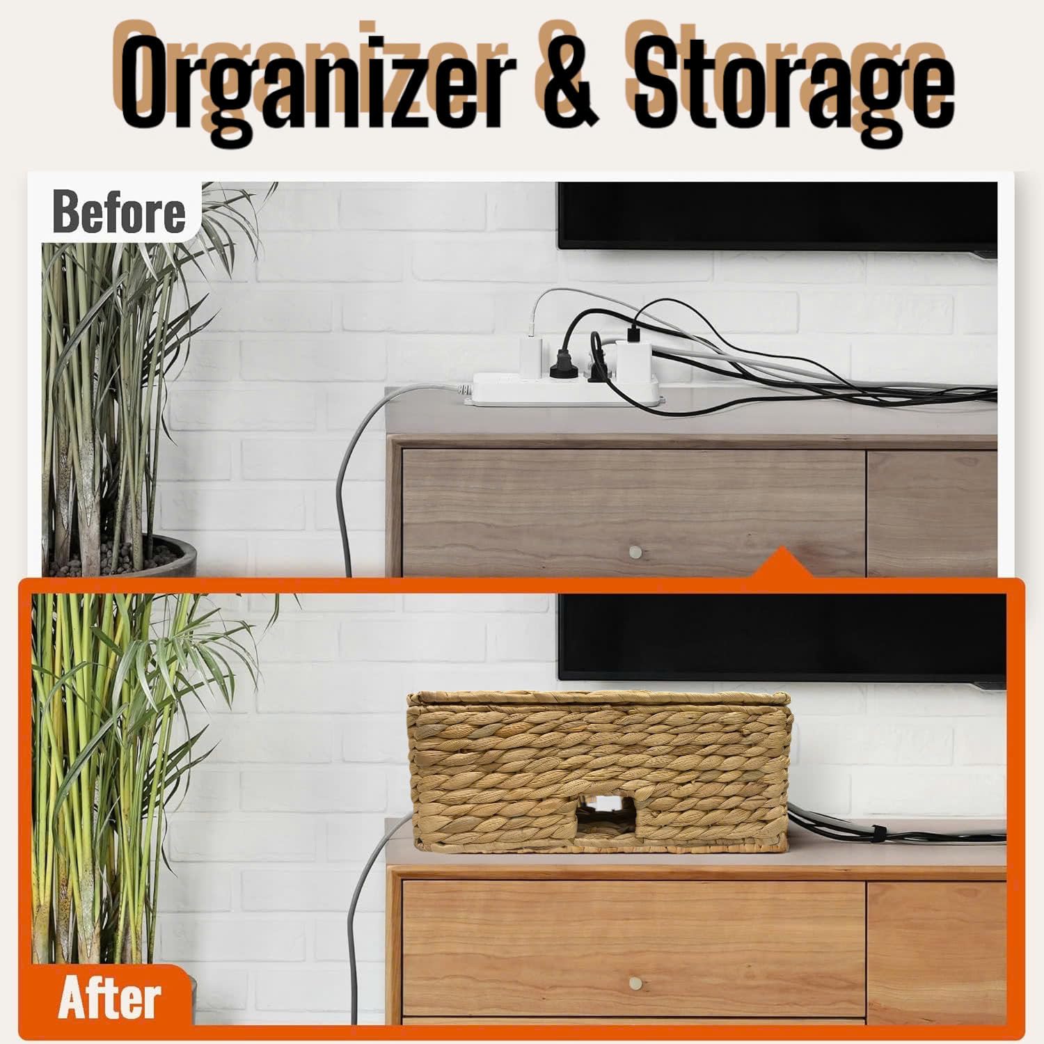 Durable Rattan Cable Management Box with 2 Open Slots - Handmade Water Hyacinth Organizer for Home Office Desk, Computer, TV Wires, USB Hub & Power Strip | Perfect Cord Organizer for Clutter-Free Workspace & Entertainment Center