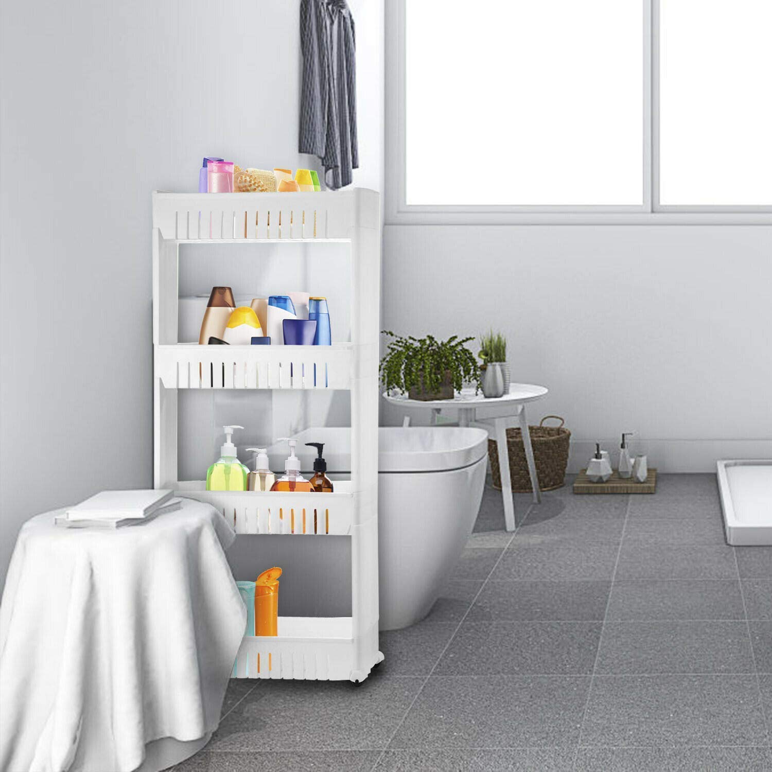 ATOOZED 4-Tier Slim Rolling Storage Organizer - Space Saving Kitchen & Bathroom Shelf with Wheels | Slide-Out Trolley Rack for Pantry, Spice, Toiletries Organization (White) - Perfect for Small Spaces & Clutter-Free Homes