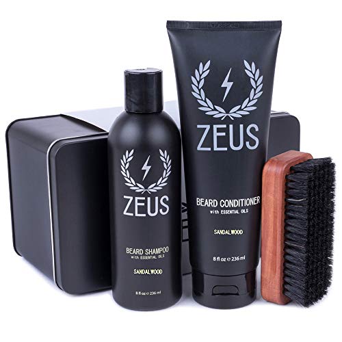 ZEUS Starter Beard Wash & Grooming Kit for Men - Sandalwood Scented Beard Brush & Cleanser Combo Gift Set | Perfect for Daily Beard Care & Grooming Routine