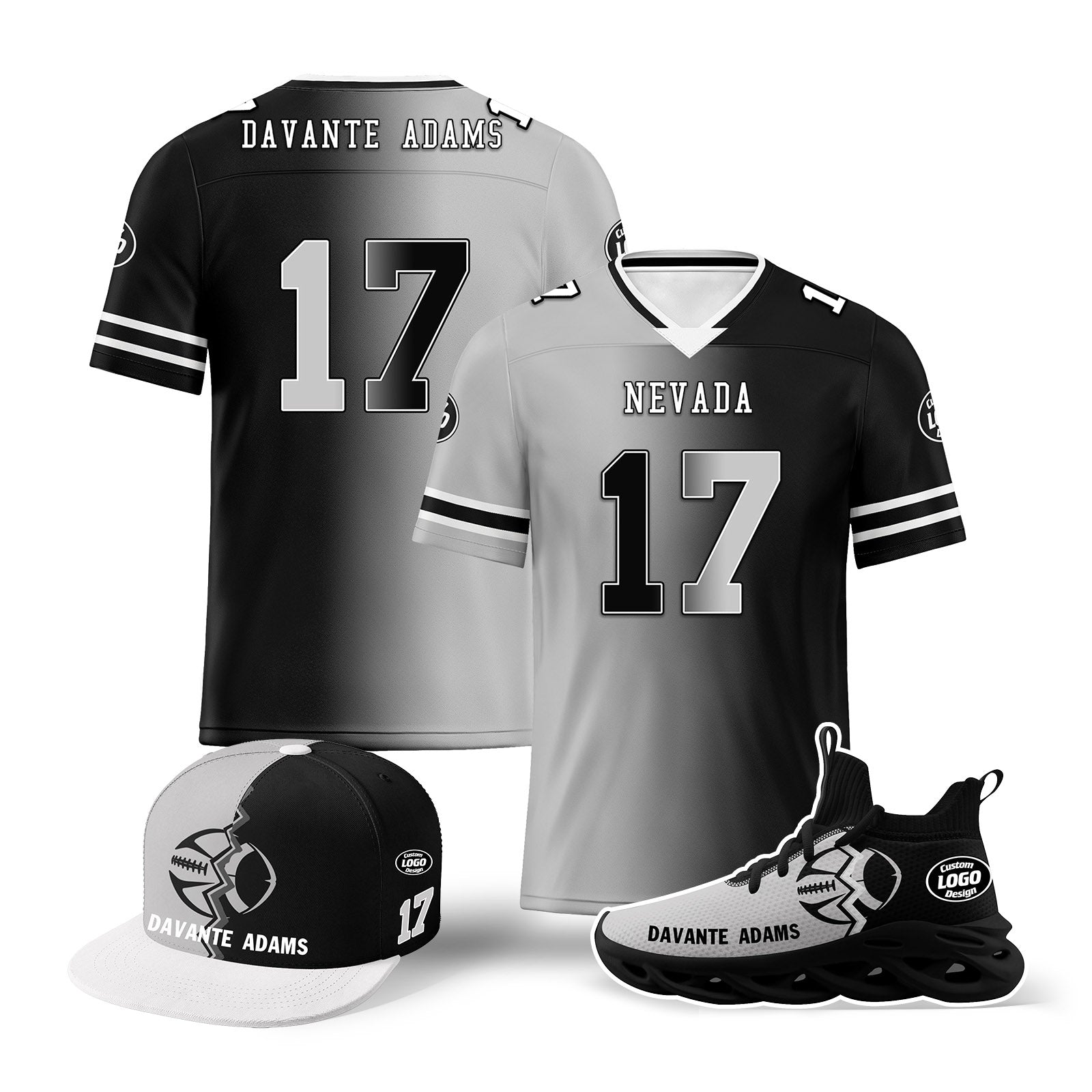Custom Grey & Black Las Vegas Football Jersey with MaxSoul Shoes & Hat Combo - Personalized Sports Fan Gift Set for Men | Perfect for Game Day, Tailgating & NFL Fan Gear Collection