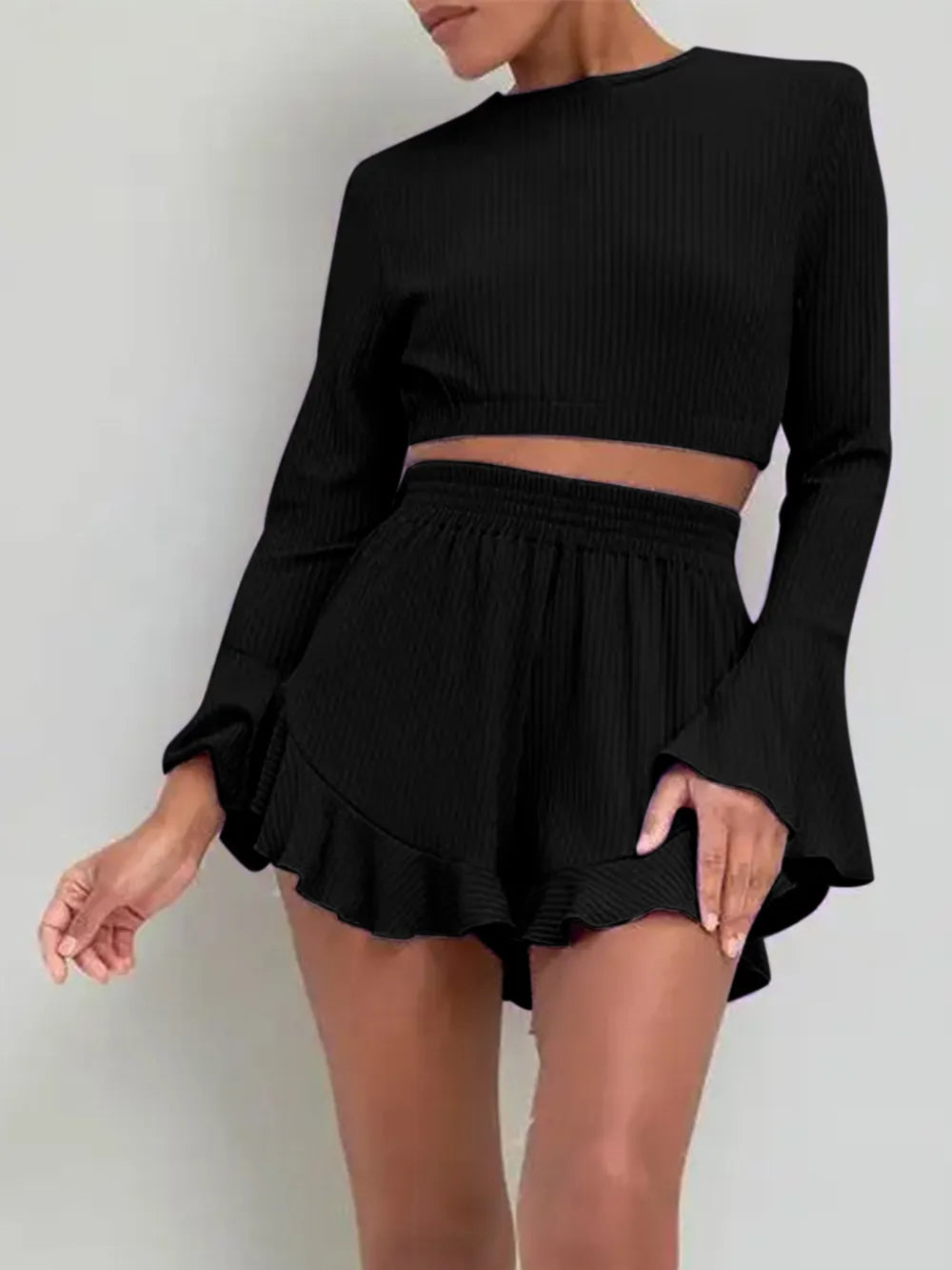 Stylish Long Sleeve Top & Ruffled Shorts Set for Women | Summer Resort Outfit | Beach Vacation, Poolside Lounge, Tropical Getaway