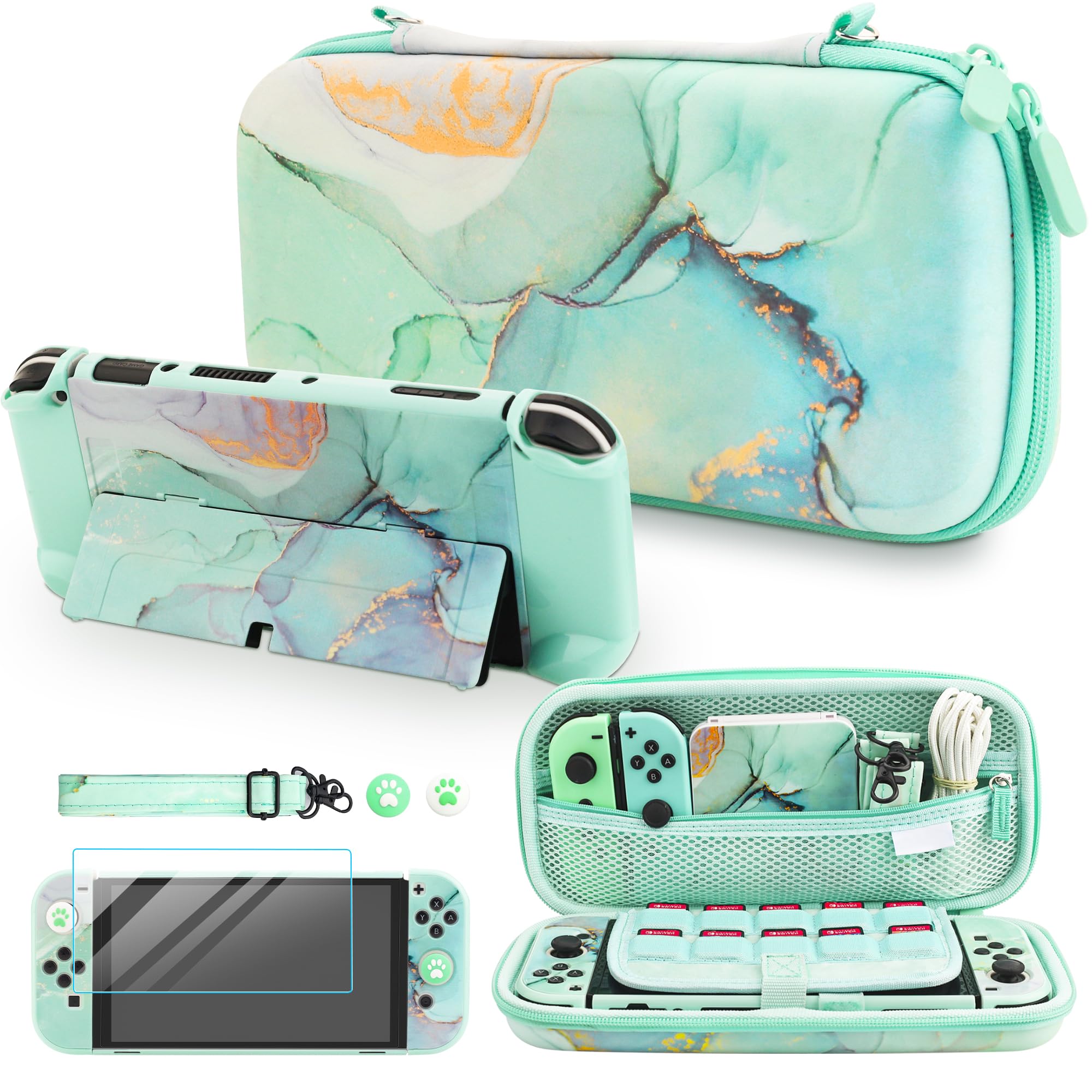 Premium Shockproof Hard Shell Carrying Case for Nintendo Switch OLED - Travel Bag with PC Protective Cover, Screen Protector, Shoulder Strap & 2 Thumb Grips (Green Marble) - Perfect for Gaming on the Go, Travel Protection & Accessory Storage