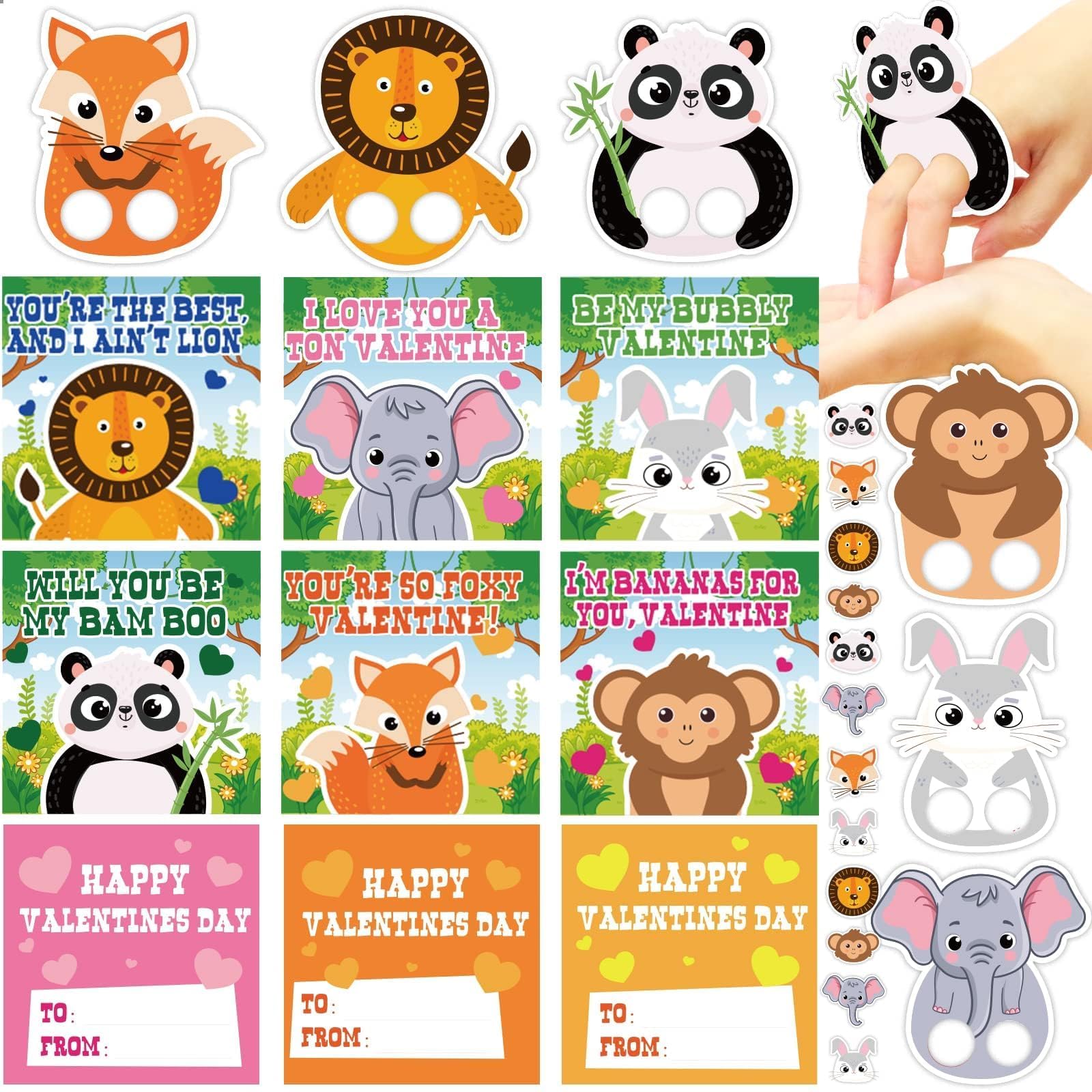 36 Valentine's Day Animal Finger Cards with Envelopes - Cute Valentine Greeting Cards for Kids, Classroom Exchange, Party Favors & Gift Giving - Bulk Pack for Valentine's Parties, School Activities & Family Celebrations