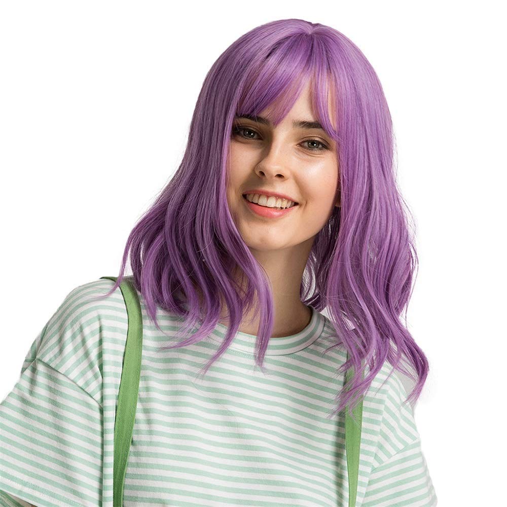 BALLYE Wavy & Straight Synthetic Wigs for Women - Natural Curly Hair with Thin Fringe, 14 Inch Smoke Pink Wig | Perfect for Cosplay, Costume Parties & Daily Fashion