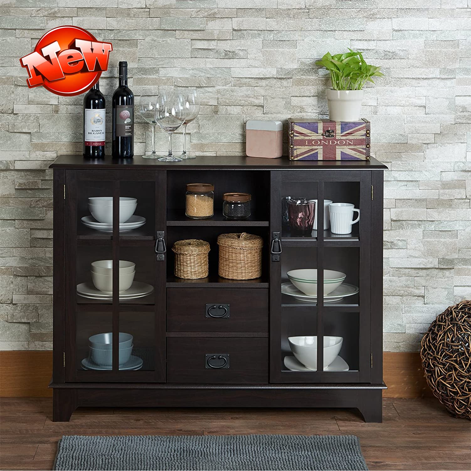 Upgraded Wood Buffet Cabinet with Drawers & Glass Doors for Kitchen Dining Room