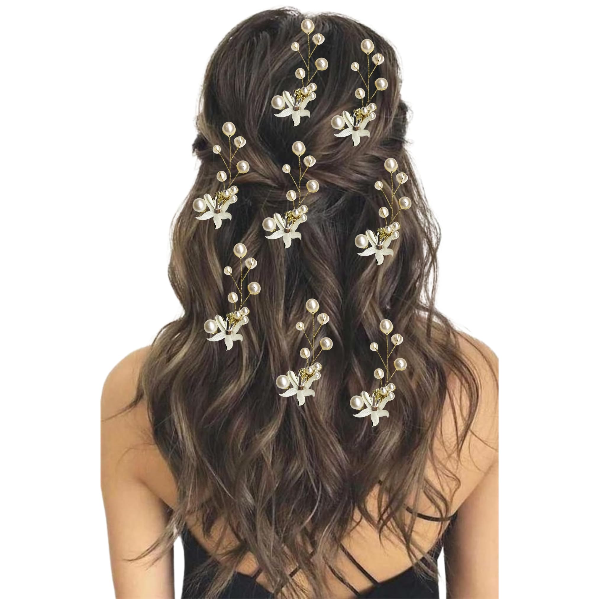 Gold & Pearl Flower Hair Pins for Women & Girls - Stylish Juda Bun Hair Accessories Set of 8 | Multipurpose Hair Clips for Weddings, Prom, Parties & Everyday Use
