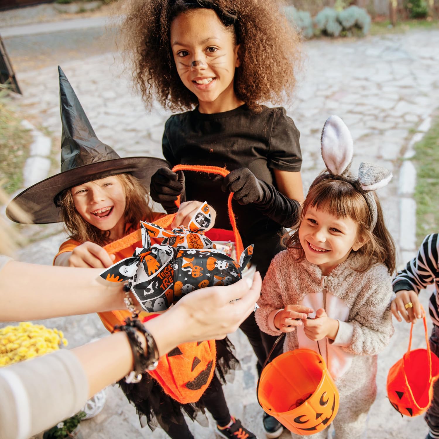 100Pcs Halloween Treat Bags for Kids - 6 Styles Cute Rabbit Ear Plastic Goodie Bags for Trick or Treat, Party Favors & Candy Gifts | Perfect for Halloween Parties, Classroom Treats & Neighborhood Trick-or-Treating