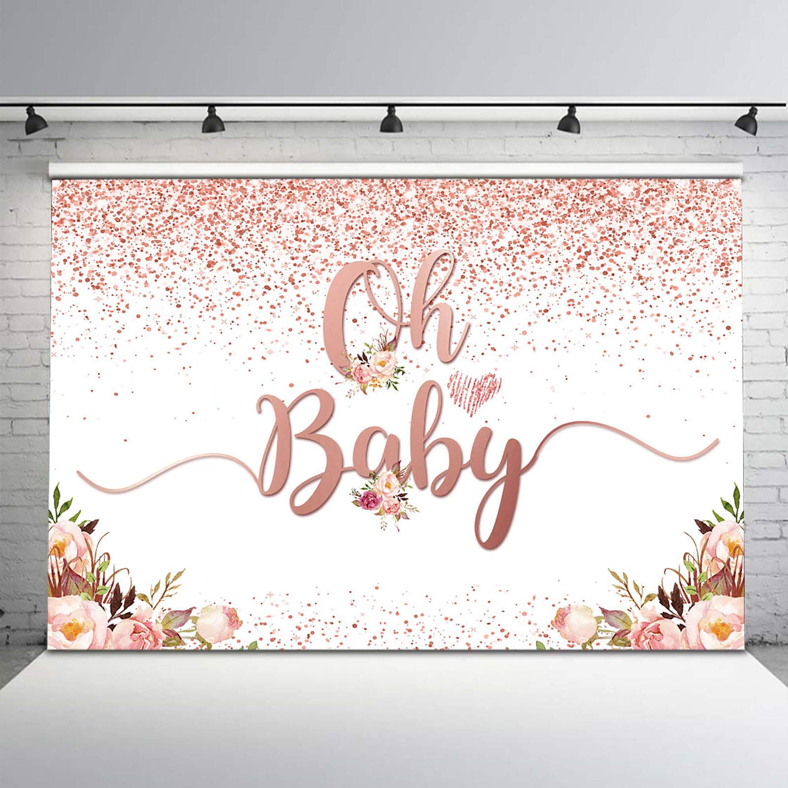 Rose Gold Baby Shower Backdrop - Oh Baby Floral Vinyl Glitter Background with Gold Dots (5x3 ft) for Girls' Baby Shower Decorations, Gender Reveal Parties & Nursery Wall Decor