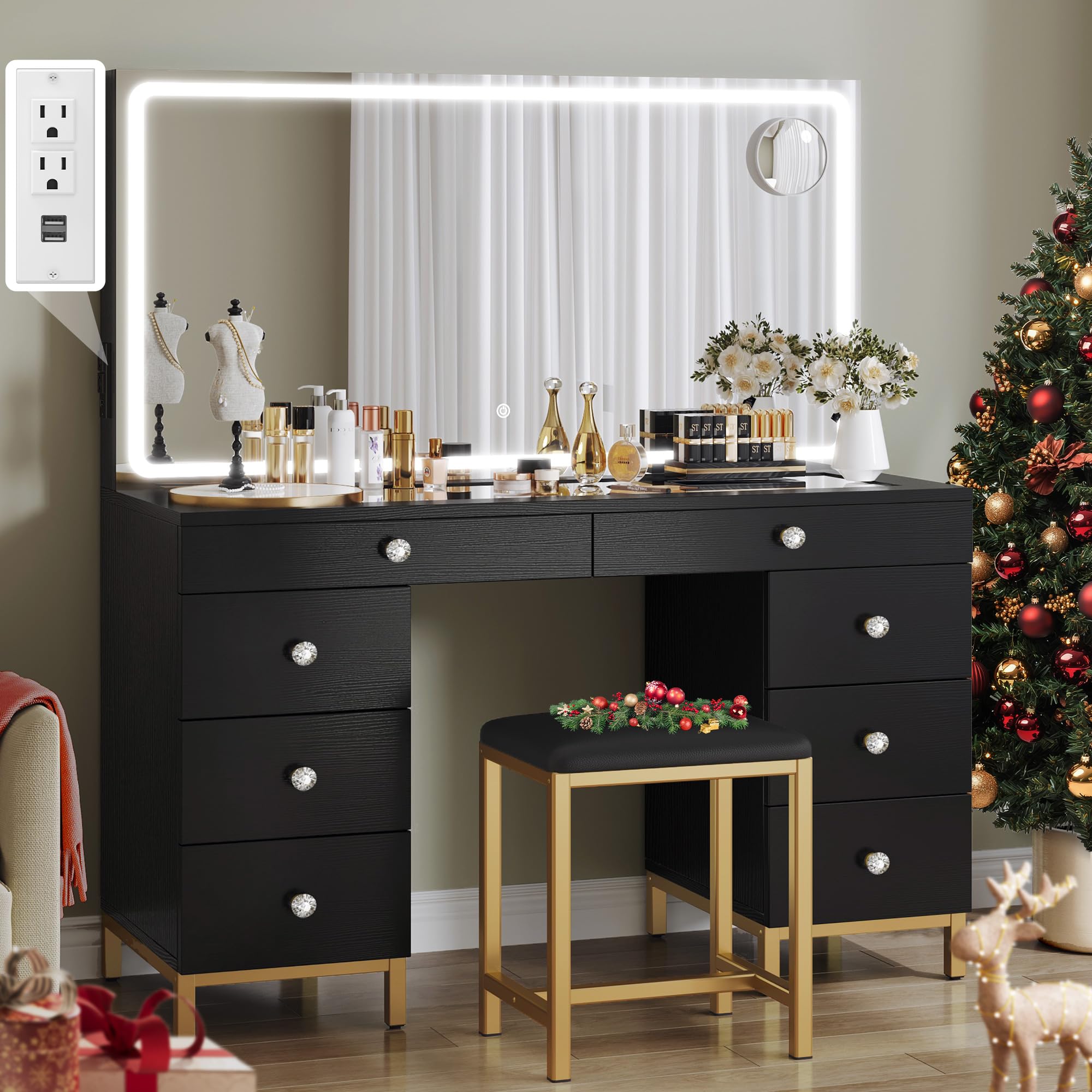DWVO Vanity Desk with LED Lighted Mirror, Power Outlet & Magnifying Glass - 8 Drawer Makeup Dressing Table with 3 Color Modes (Black) for Bedroom, Dressing Room & Home Salon | Perfect for Makeup Application, Skincare Routine & Hair Styling