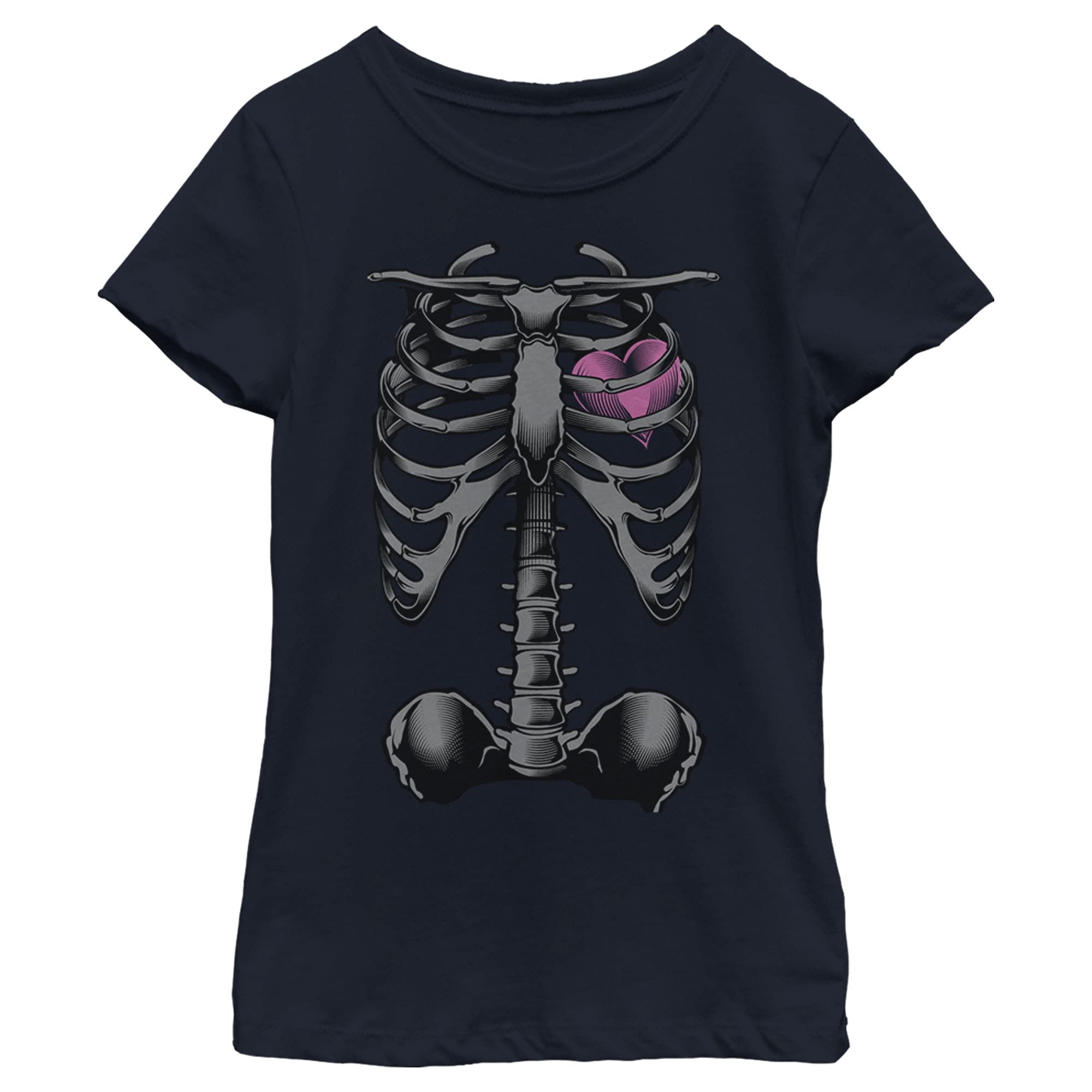 Girl's Lost Gods Halloween Skeleton Rib Cage Heart Graphic T-Shirt | Spooky Costume Top for Trick or Treating & Halloween Parties