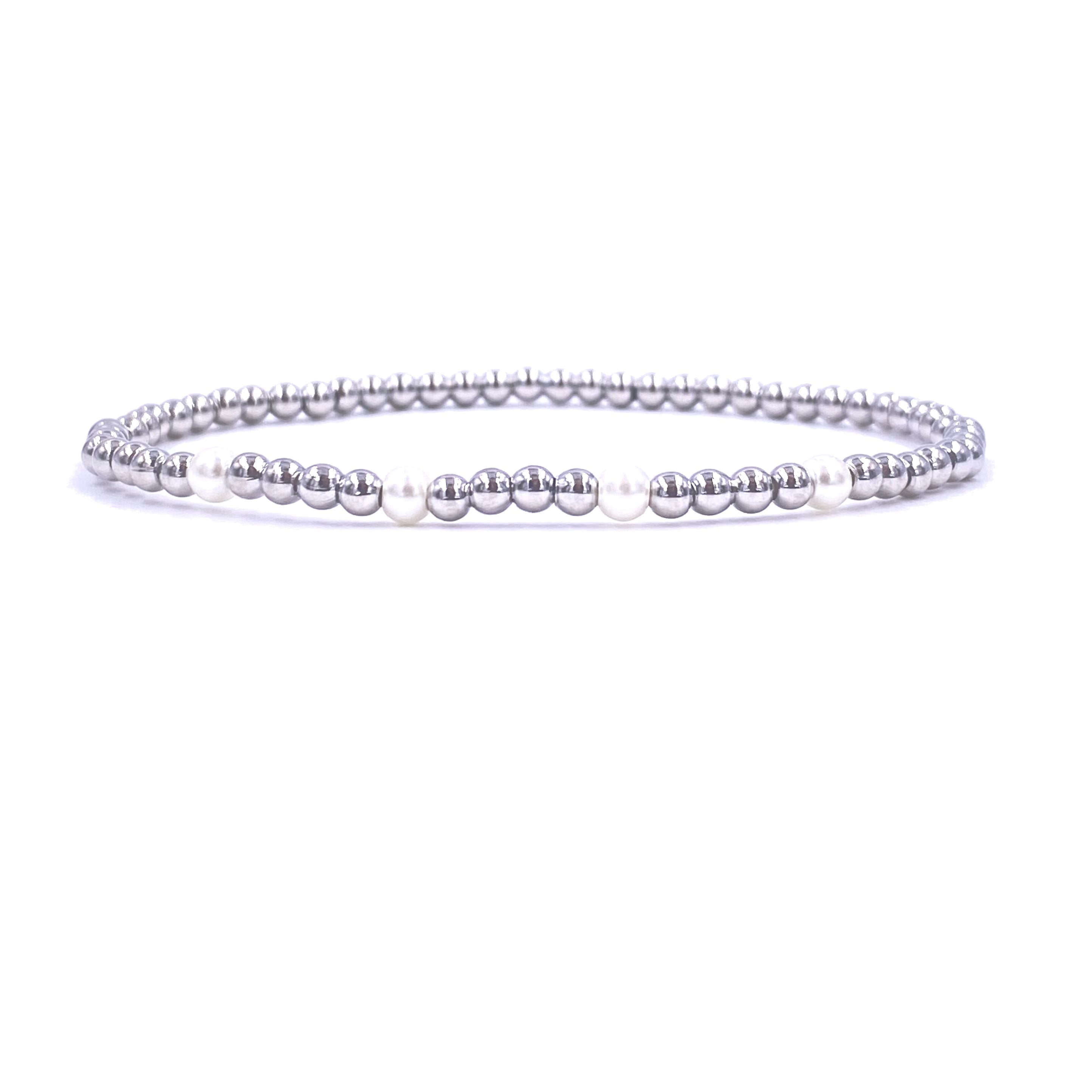 Ashley Gold Stainless Steel Gold Plated 4 Center Freshwater Pearl Stretch Beaded Bracelet for Women - Elegant Jewelry Gift for Birthday, Anniversary & Special Occasions